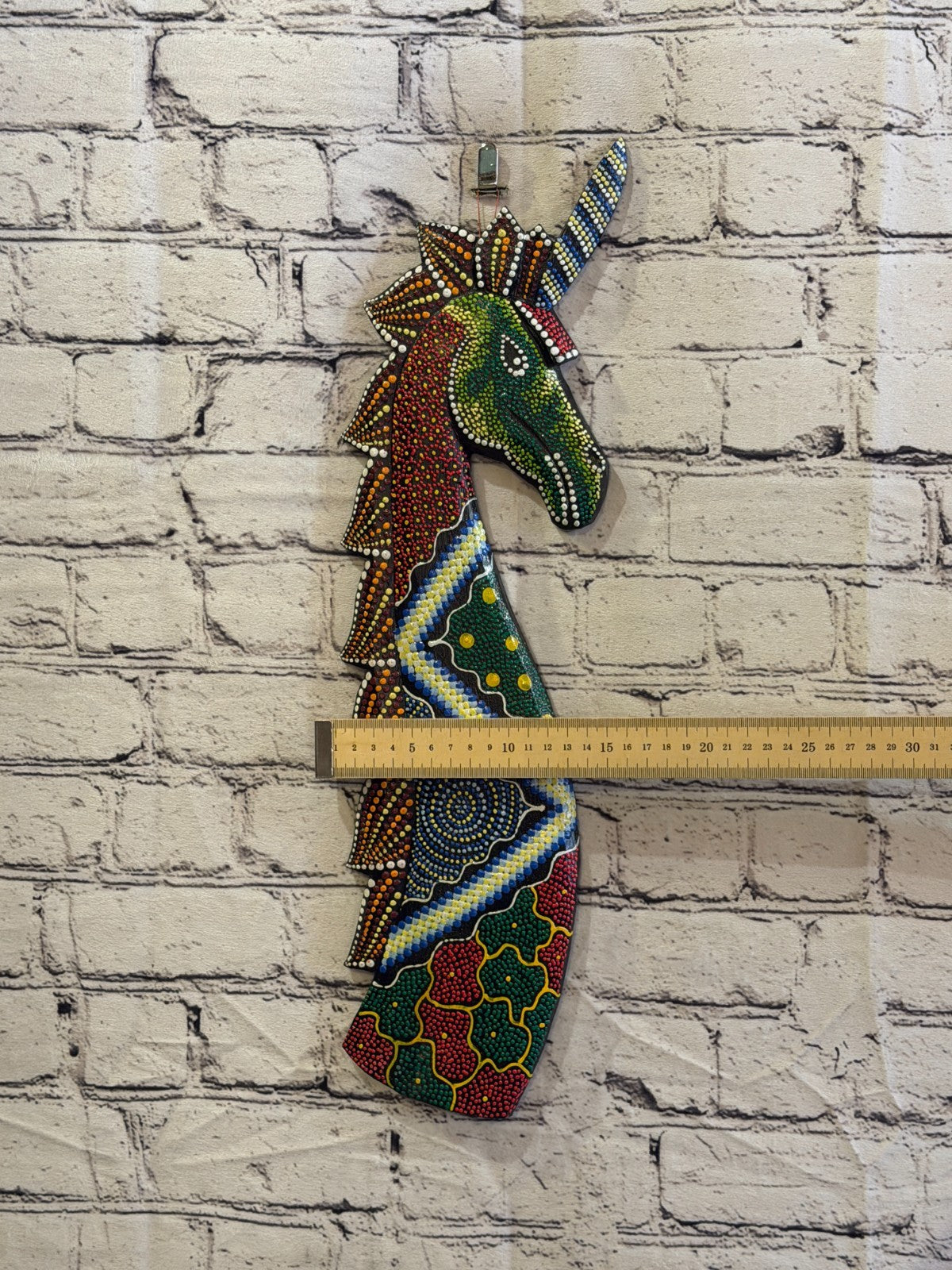 45cm Unicorn Carved Wooden Dot Painted Ethnic Tribal Tiki Wall Art No 13