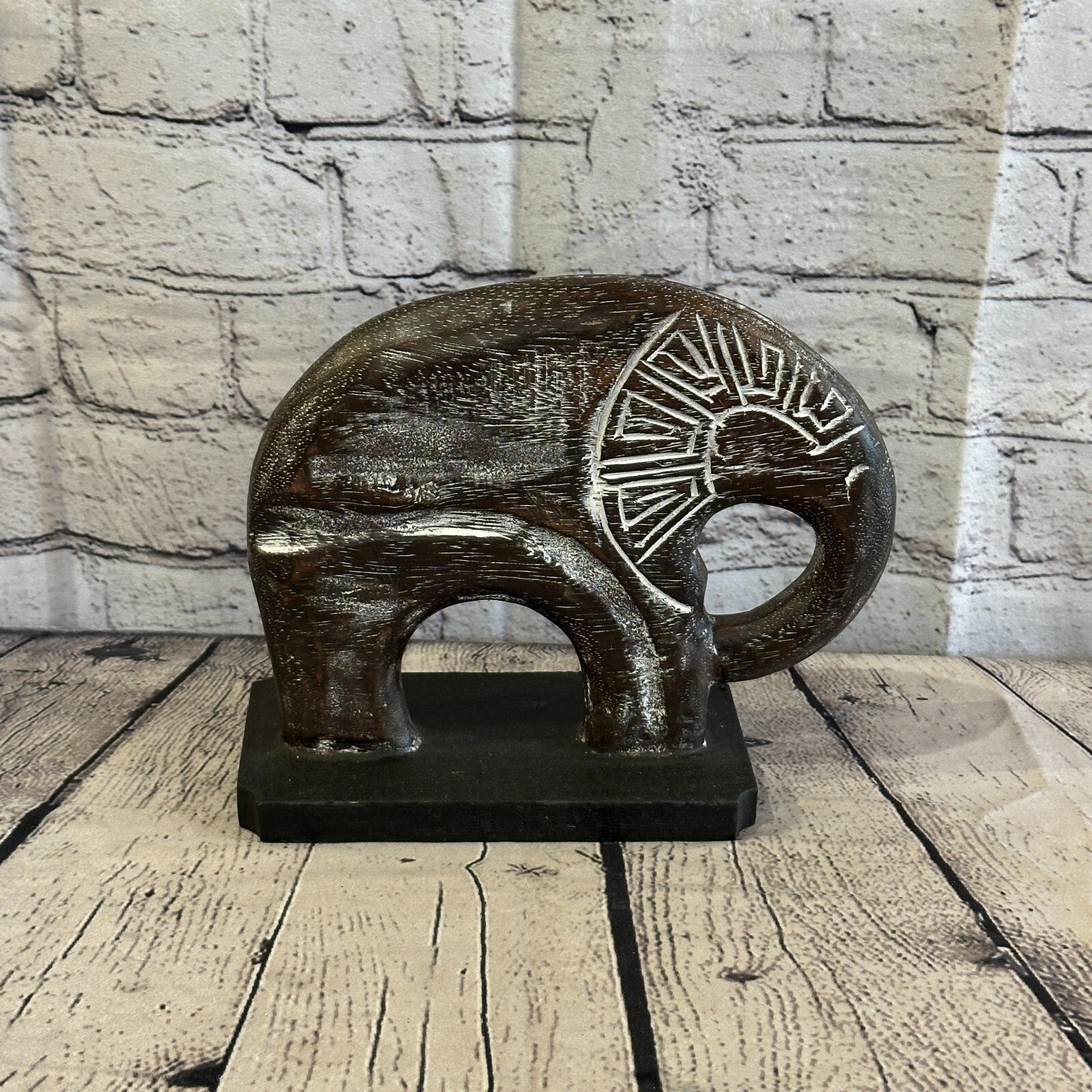 20cm x 20cm Wooden Tribal Primitive Black Elephant Round Stand Sculpture Statue3
