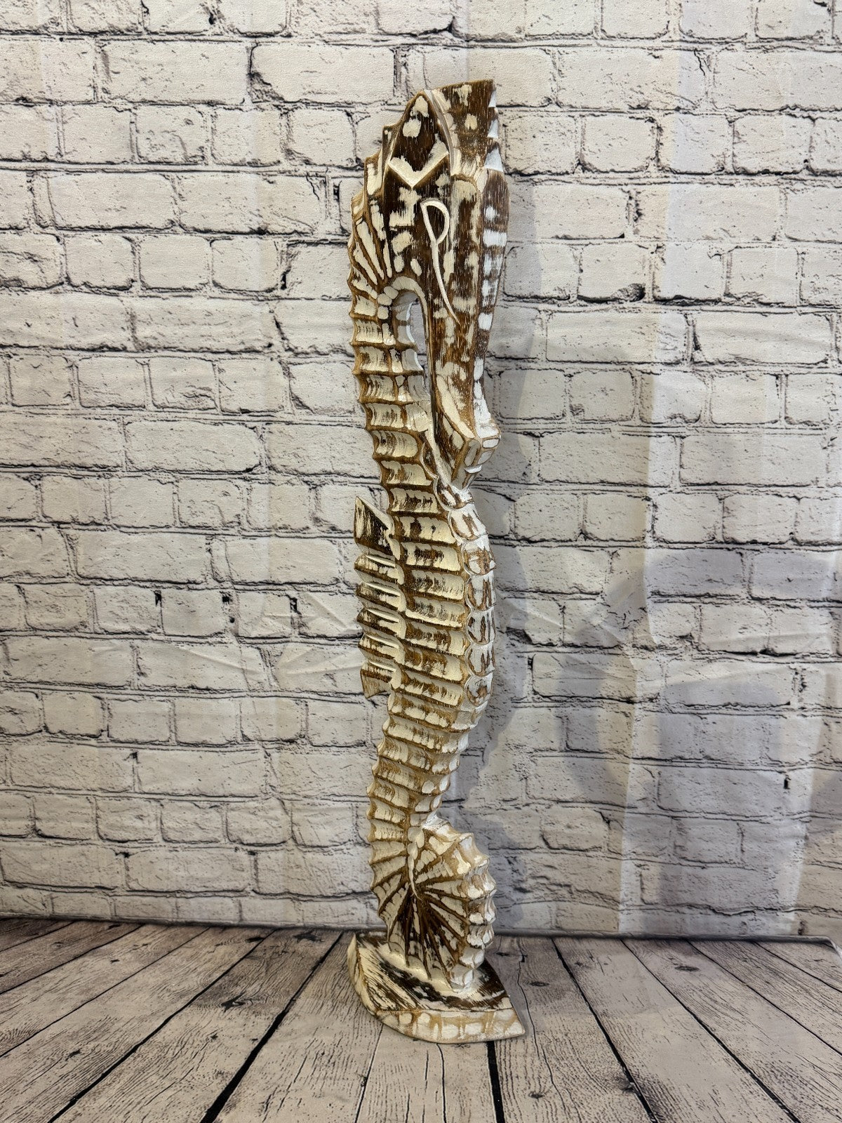 80cm Brown Wooden Shabby Seahorse Statue Ornament Fair Trade Handcarved2