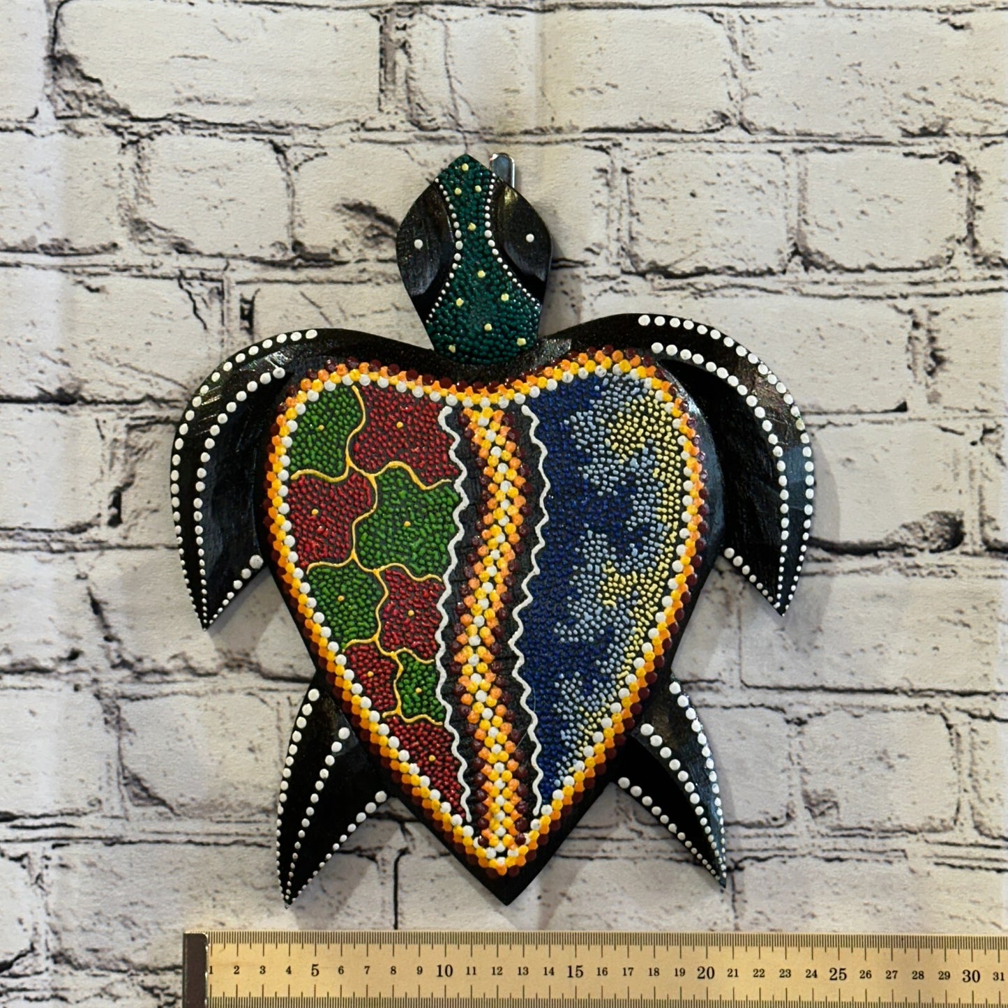 30cm Turtle Carved Wooden Dot Painted Ethnic Tribal Tiki Wall Art Handmade No 34