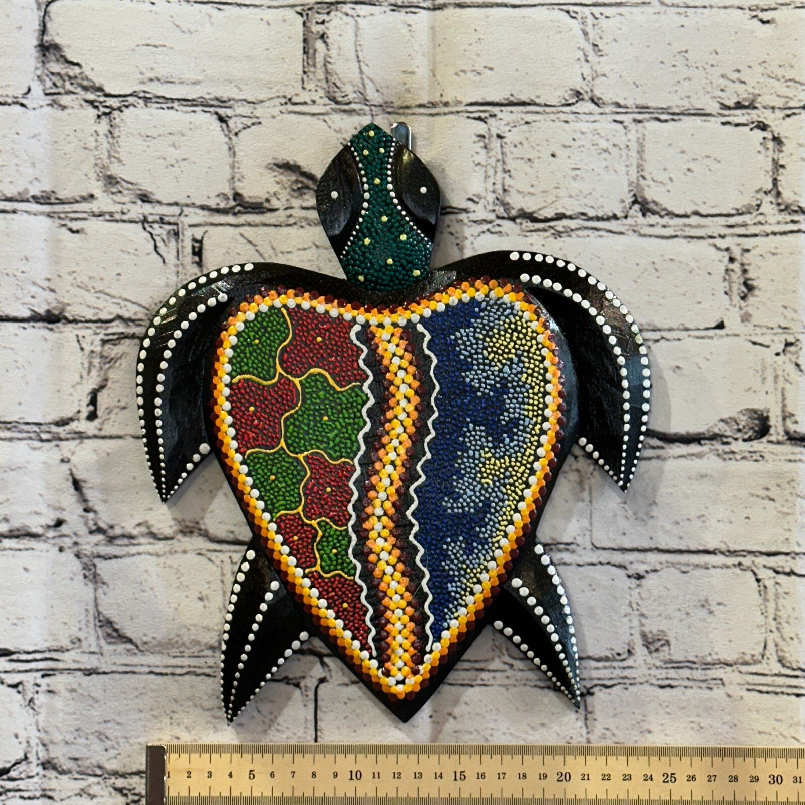 30cm Turtle Carved Wooden Dot Painted Ethnic Tribal Tiki Wall Art Handmade No 34