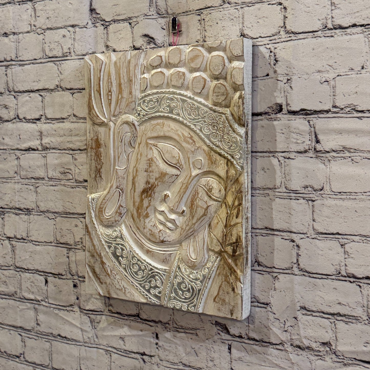 Wooden Wood Panel 40cm Silver Cream Buddha Lotus Wall Art Plaque Handcarved1