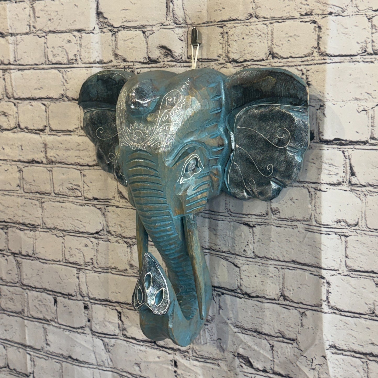 40cm x 35cm Silver Blue Painted Wood Elephant Head Wall Mounted Art Shabby1