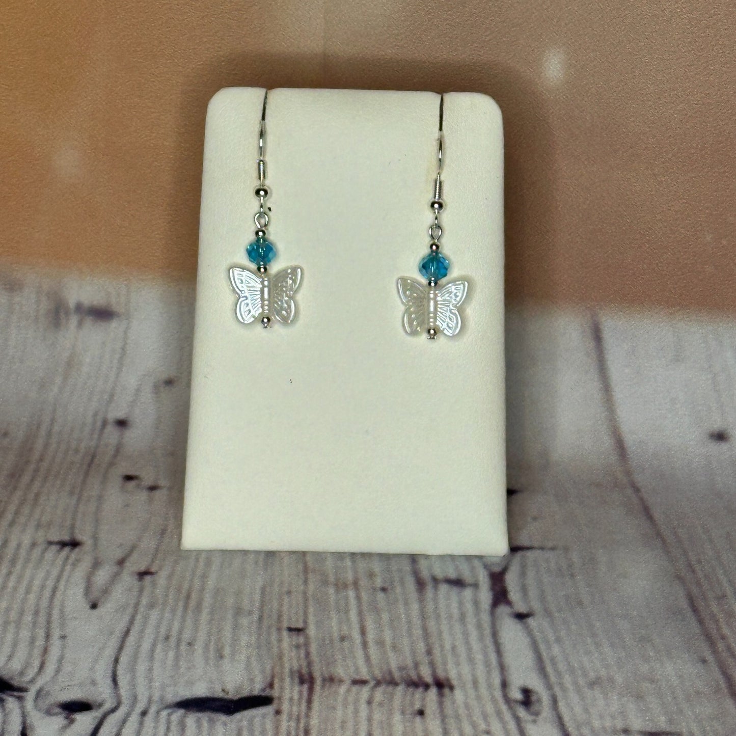 L Blue Crystal And White Butterfly Dangle Drop Earrings Handmade UK Jewellery0