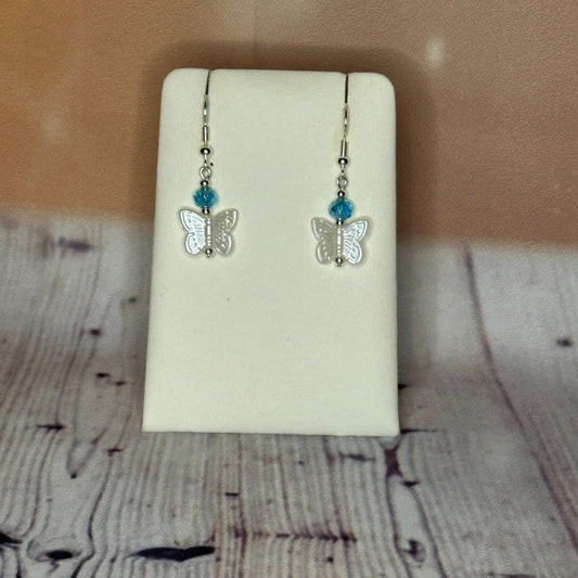 L Blue Crystal And White Butterfly Dangle Drop Earrings Handmade UK Jewellery0