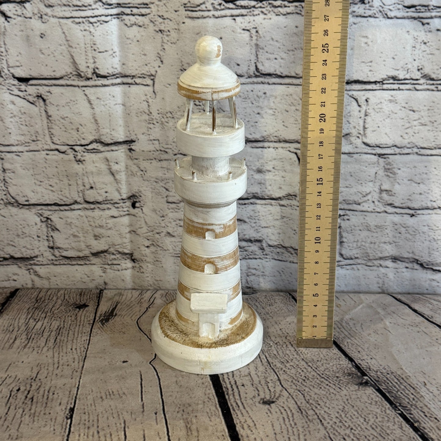 25cm Cream White Wooden Lighthouse Detailed Ornament Nautical Coastal Sculpture3