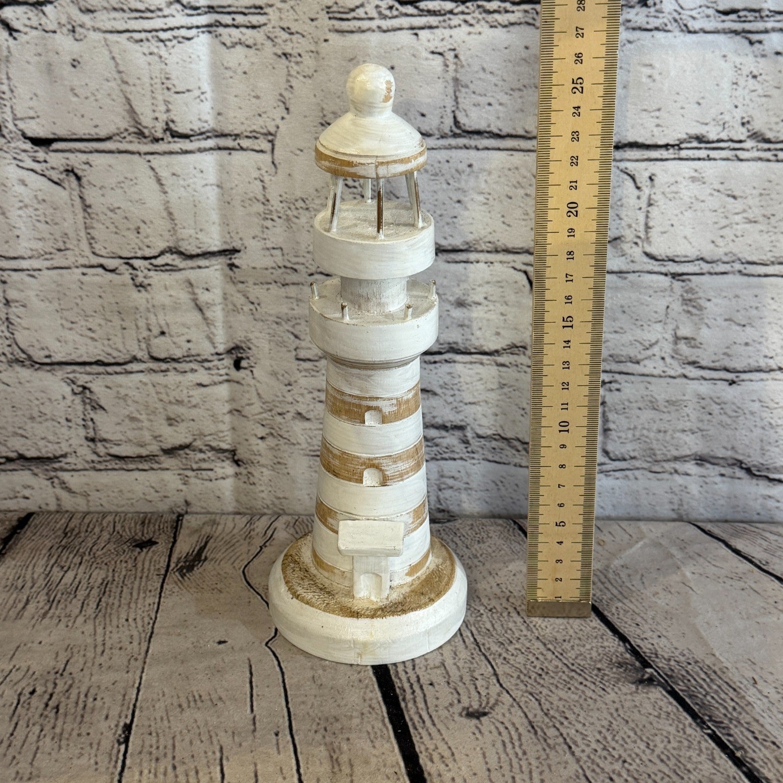 25cm Cream White Wooden Lighthouse Detailed Ornament Nautical Coastal Sculpture3