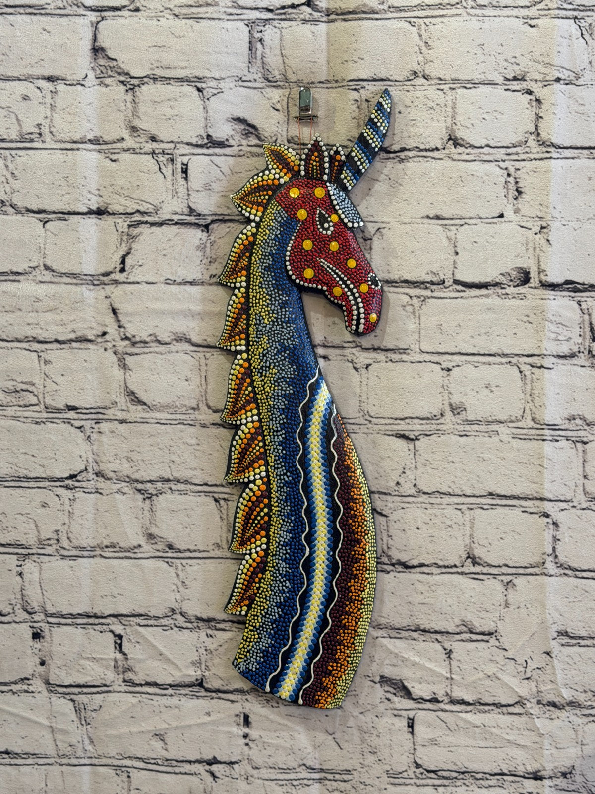 45cm Unicorn Carved Wooden Dot Painted Ethnic Tribal Tiki Wall Art No 22