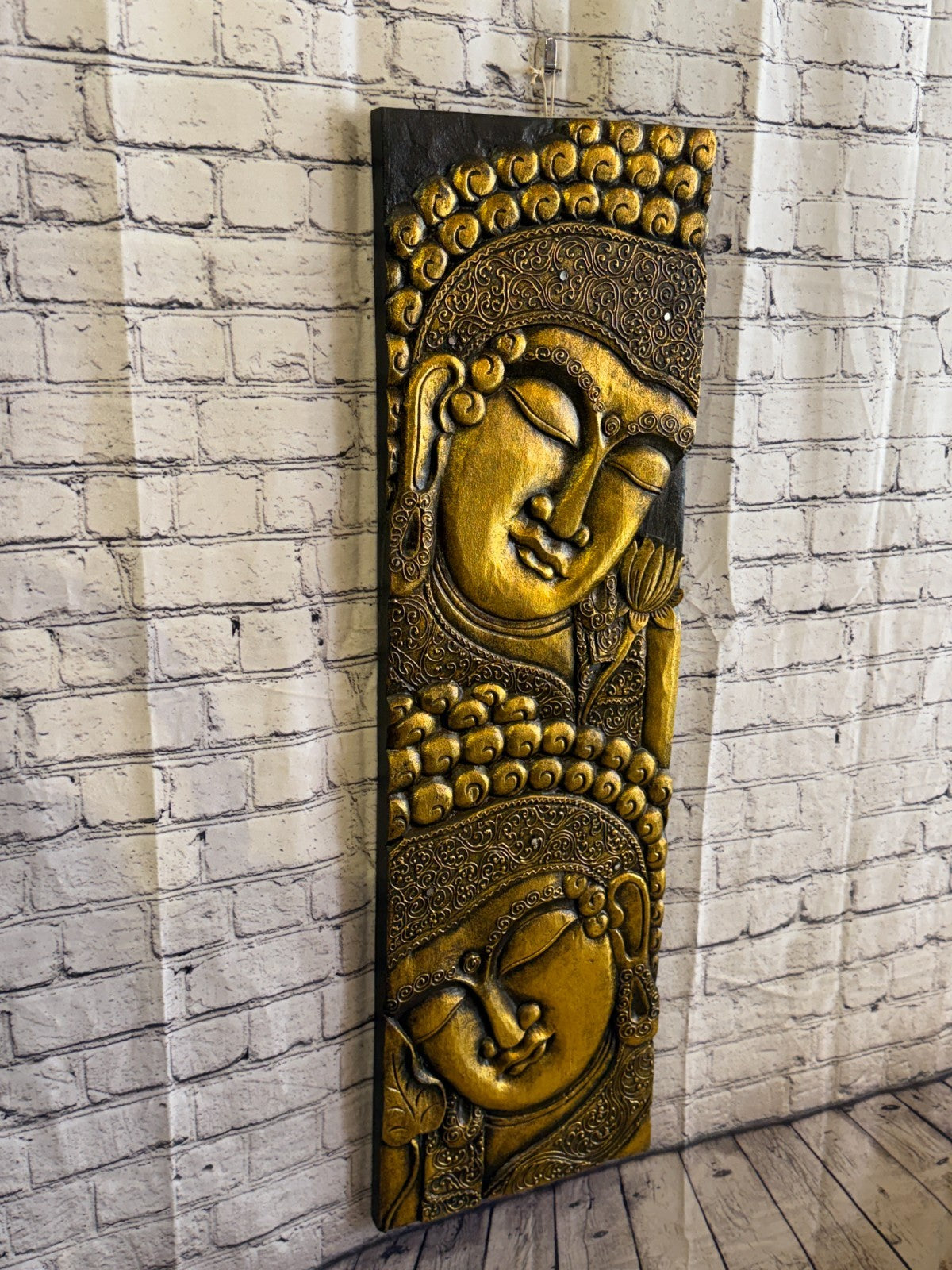 100cm x 30cm Gold Black 2 Buddha Wall Art Plaque Handcarved Wooden Wood Panel1