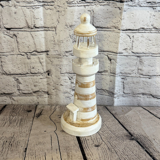 25cm Cream White Wooden Lighthouse Detailed Ornament Nautical Coastal Sculpture0