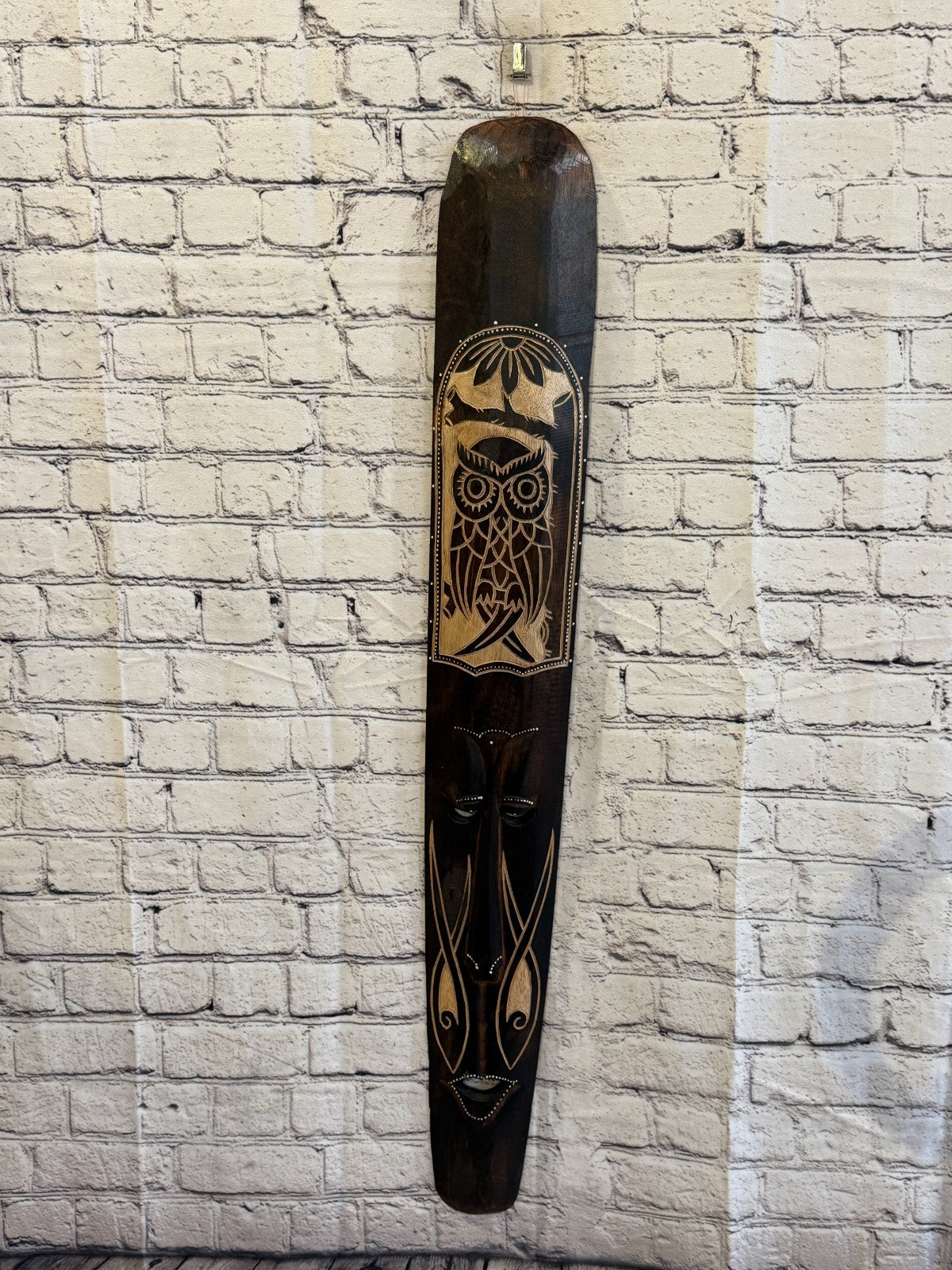 100cm Owl Mask Carved Wooden Brown Work Painted Ethnic Tribal Tiki Wall Art2