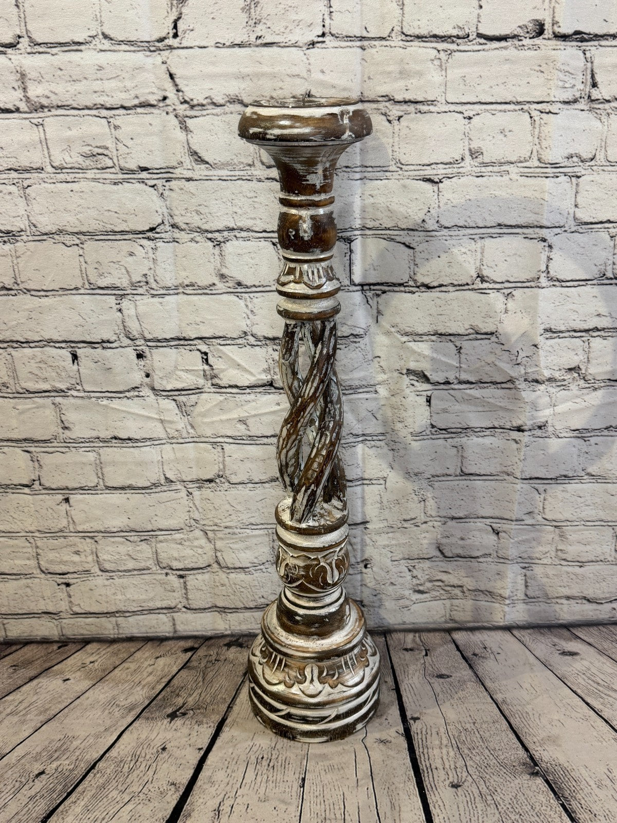 60cm x 15cm Brown Twist Wooden Vintage Style Candle Stand Shabby Pillar Holders0