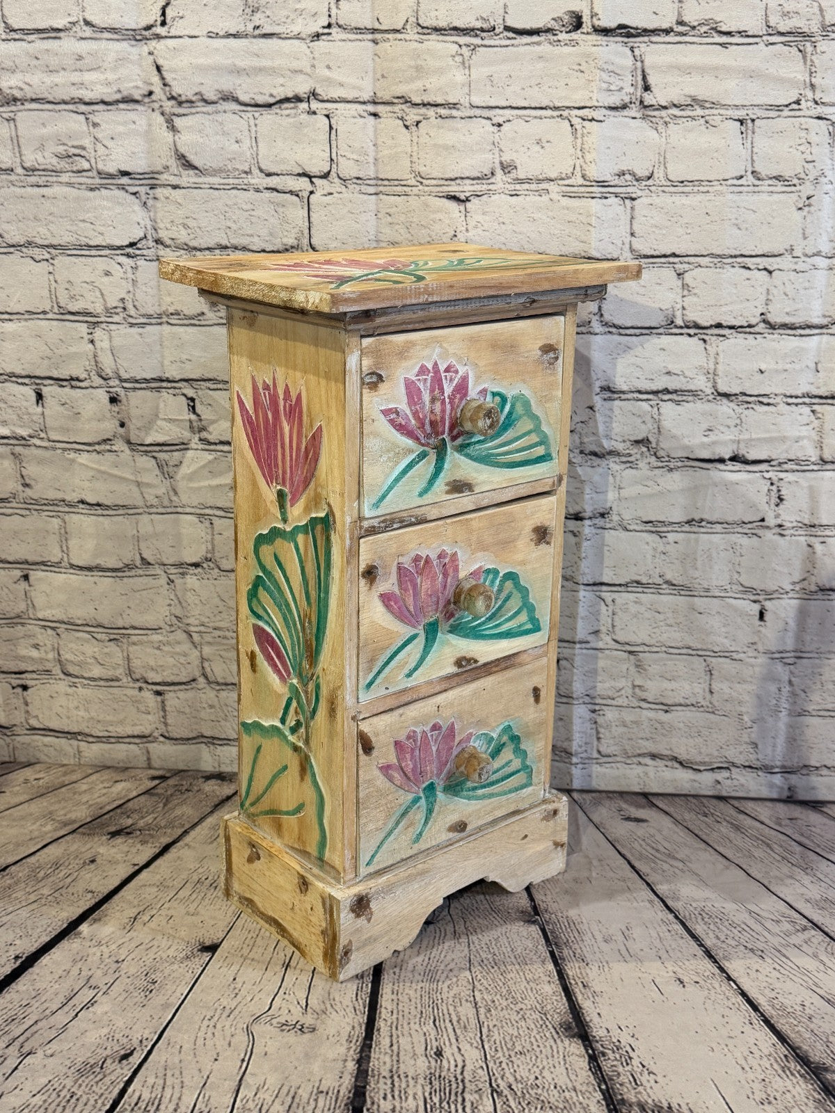 50cm x 25cm Flower 3 Draw Pillar Wooden Side Cabinet Living Storage Furniture2
