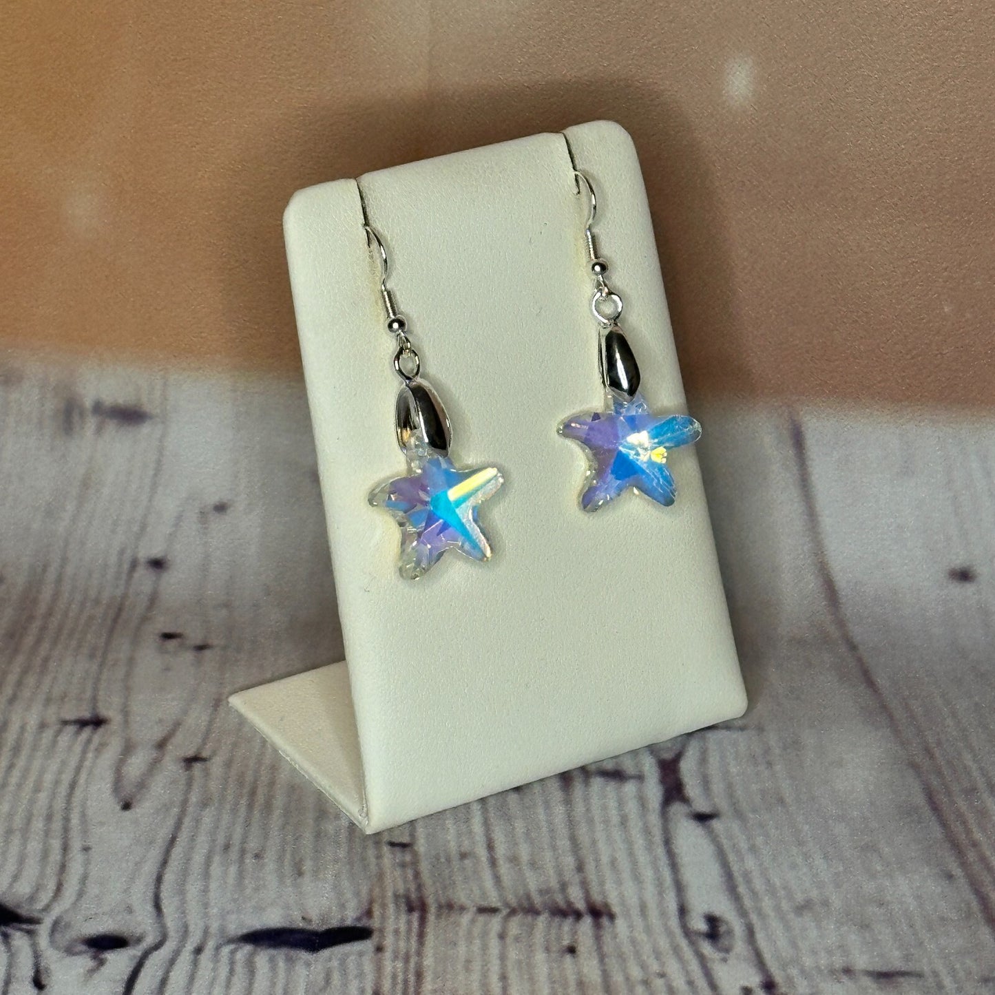 Clear Blue Crystal Star Shaped Dangle Drop Earrings Handmade UK Jewellery2