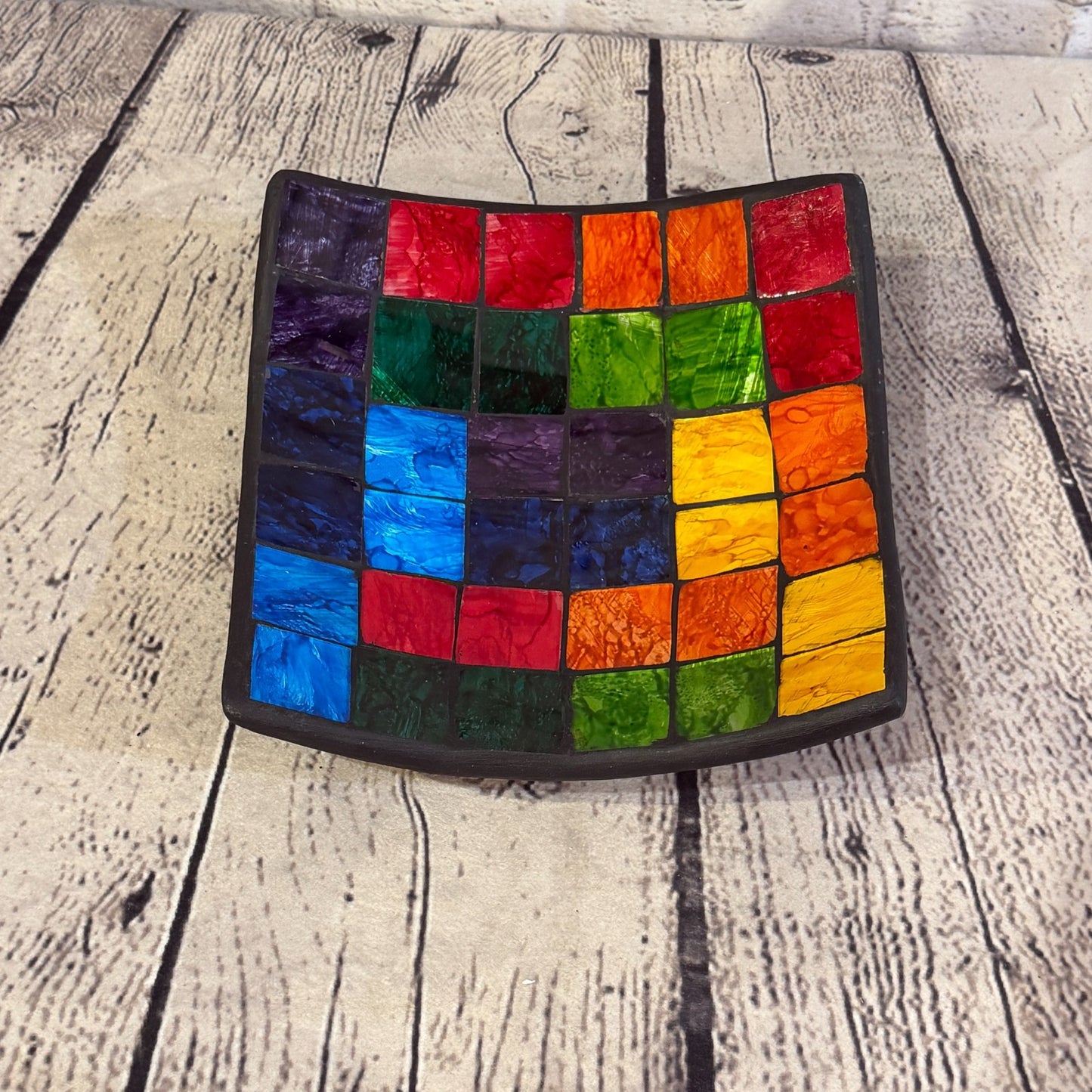 20cm Rainbow Block Square Mosaic Handmade Ceramic Glass Tile Bowl Fruit0