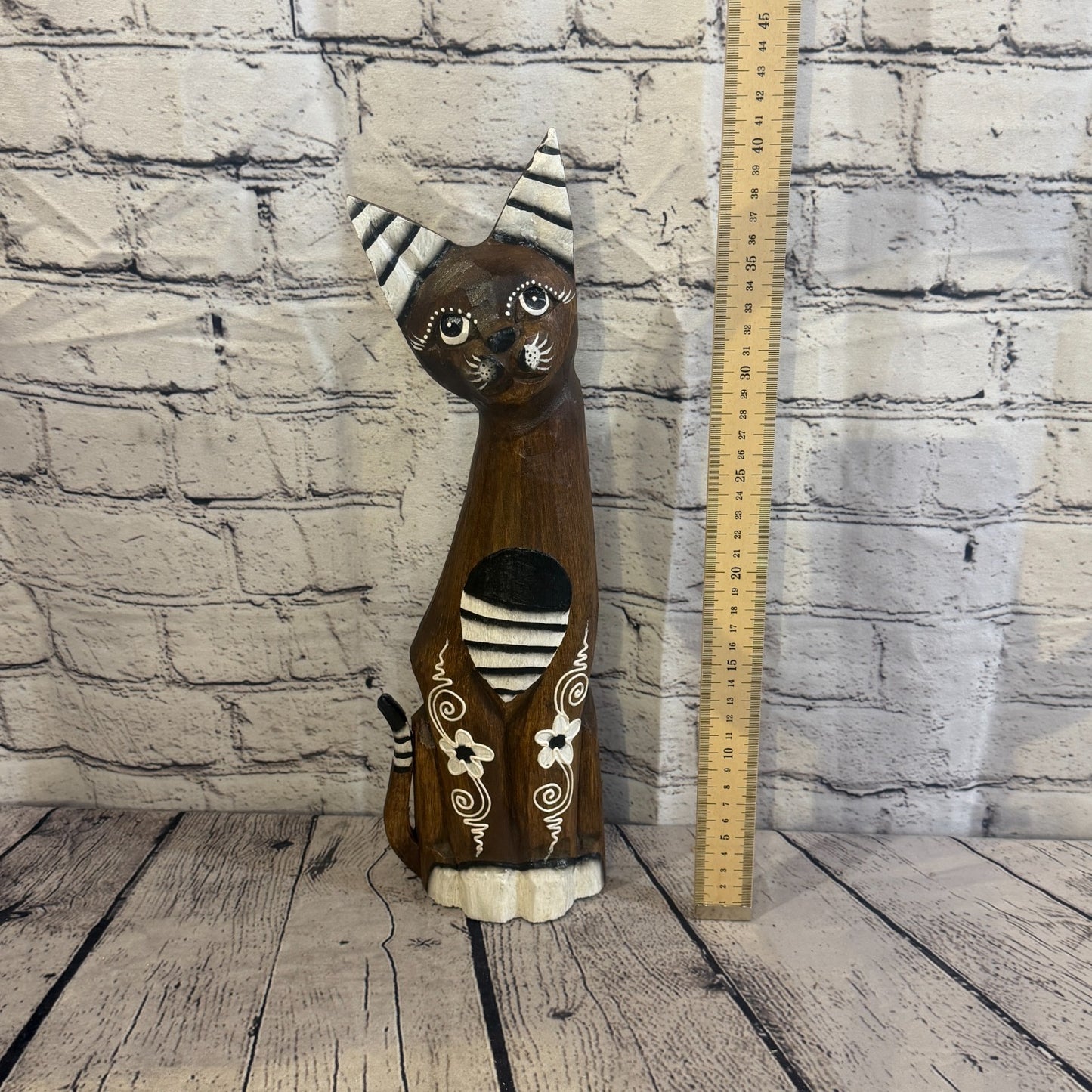 40cm Brown Flower Wooden Shabby Cat Statue Ornament Fair Trade Handcarved5