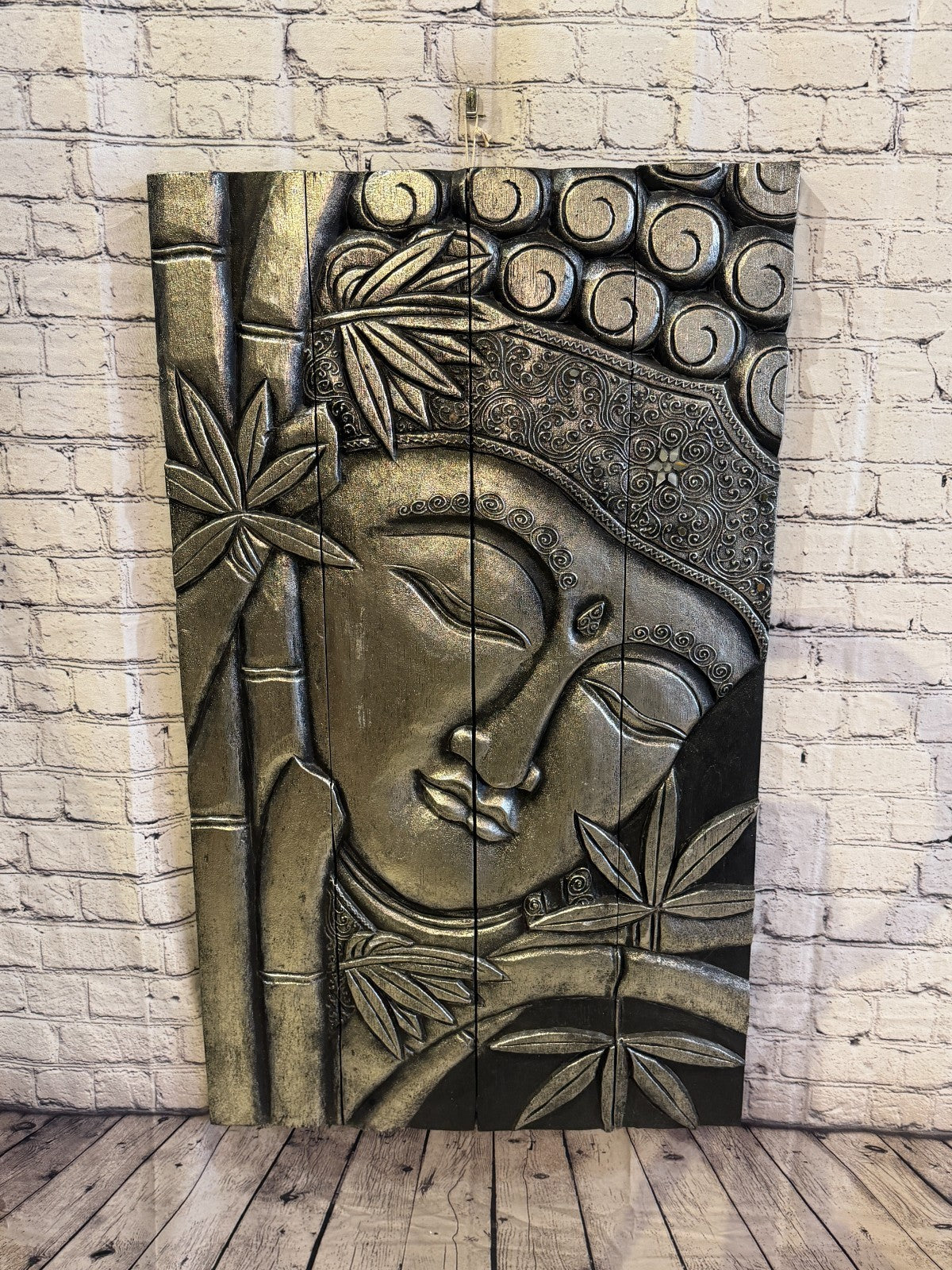 100cm x 60cm Silver Black Buddha Wall Art Plaque Handcarved Wooden Wood Panel2