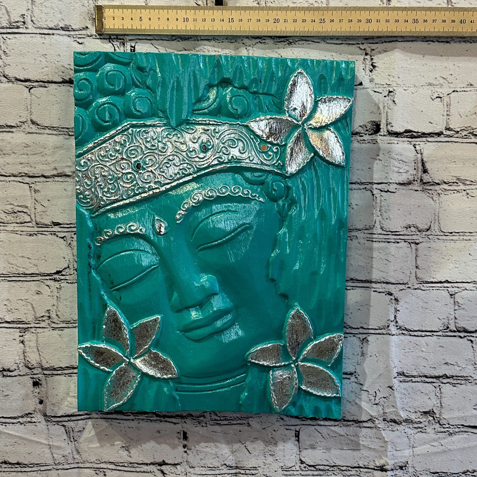 Wooden Wood Panel 40cm Brown Teal Buddha Hibiscus Wall Art Plaque Handcarved3