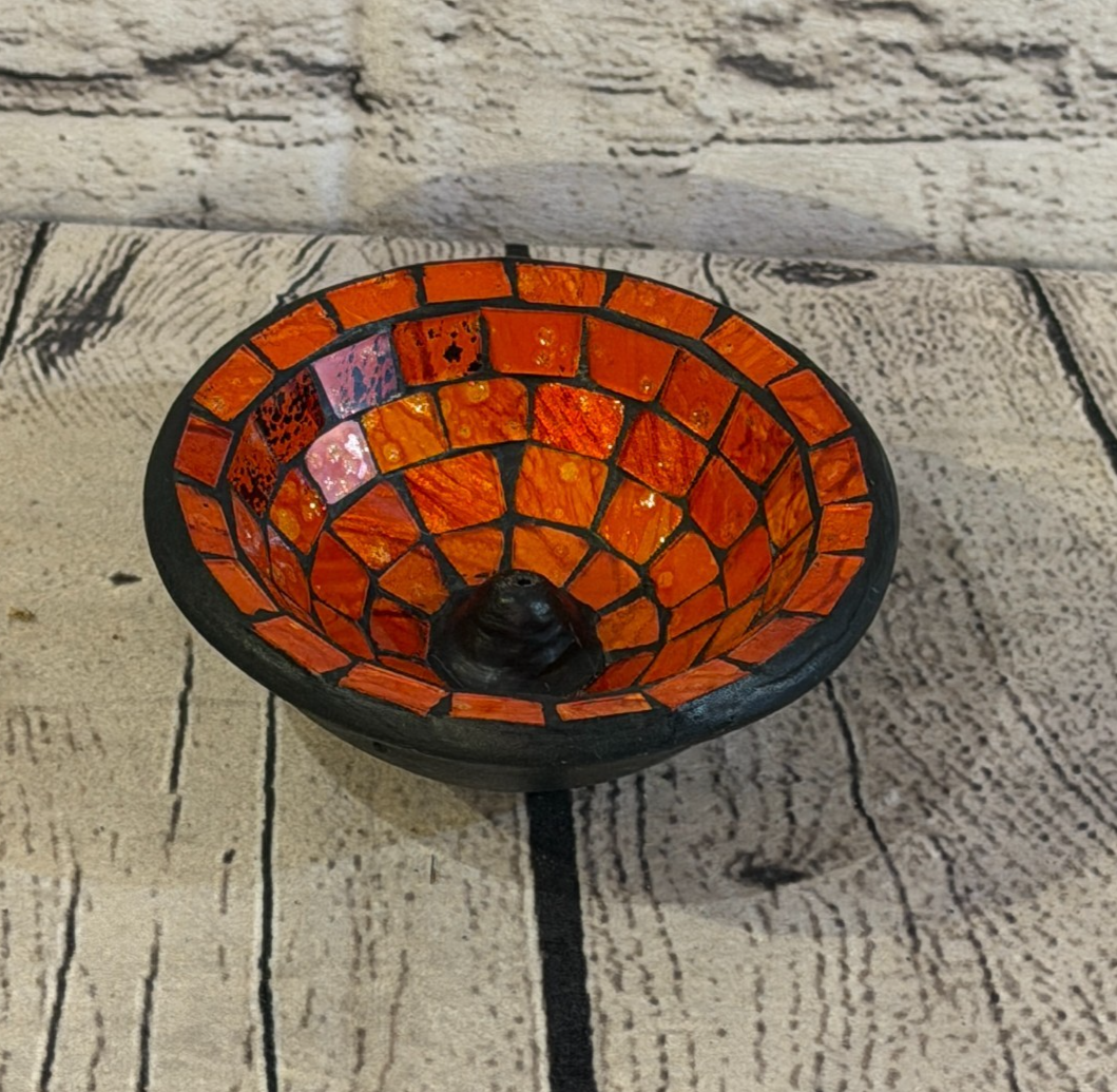 Orange Small 12cm Round Mosaic Pottery Incense Holder Burner Detail0