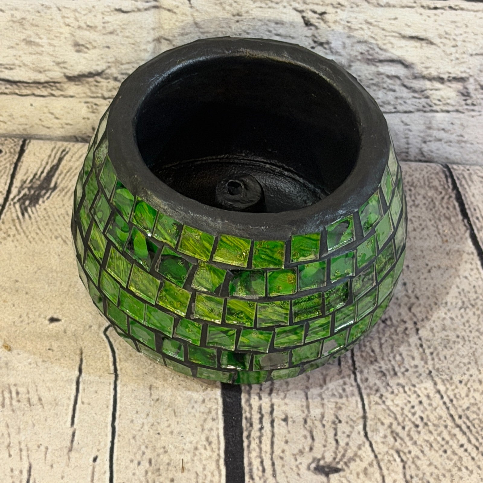 Green Small Pot 12cm Round Mosaic Pottery Incense Holder Burner Detail2