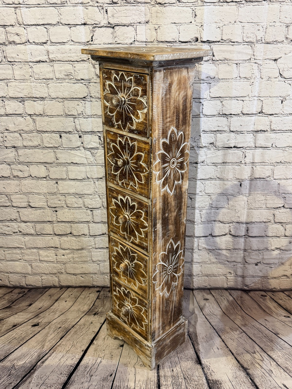 100cm x 25cm Brown 5 Draw Pillar Wooden Side Cabinet Living Storage Furniture0