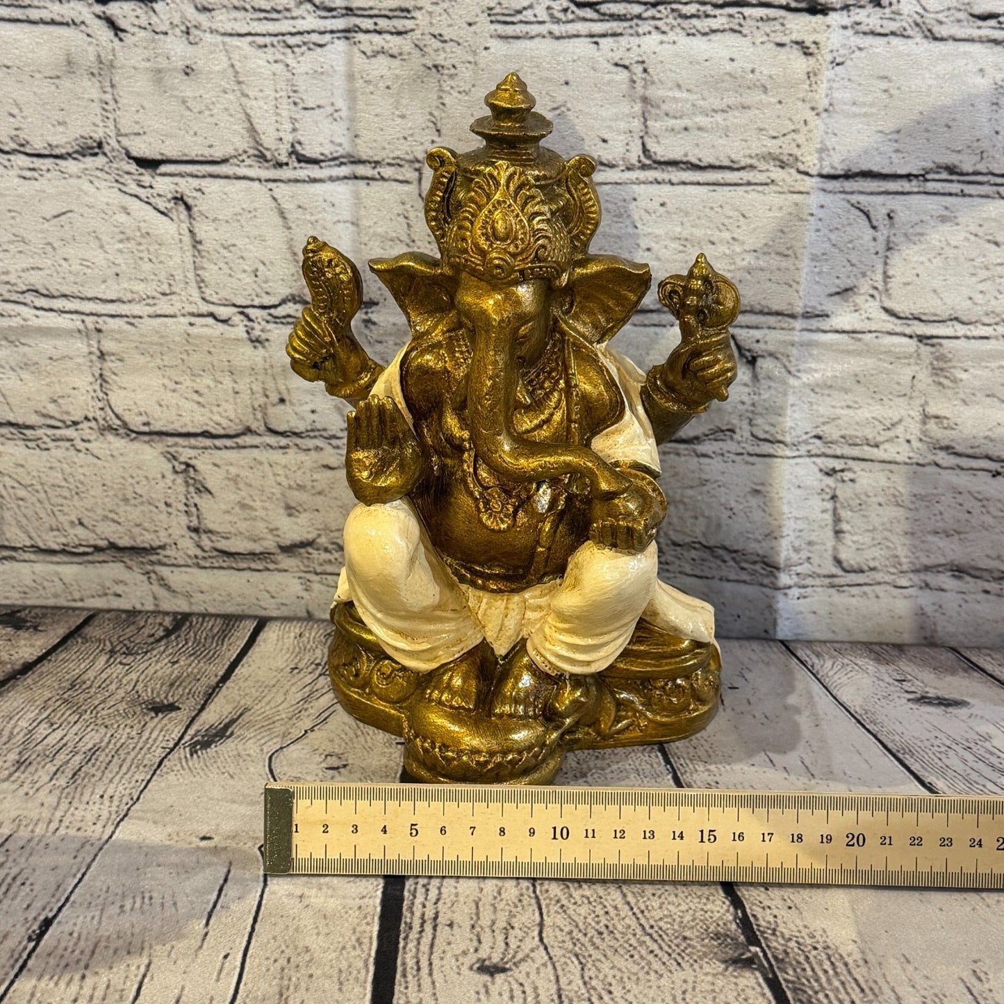 Cream & Bronze 25cm Large Ganesh Ganesa Sitting On Lotus Statue Resin Hindu6