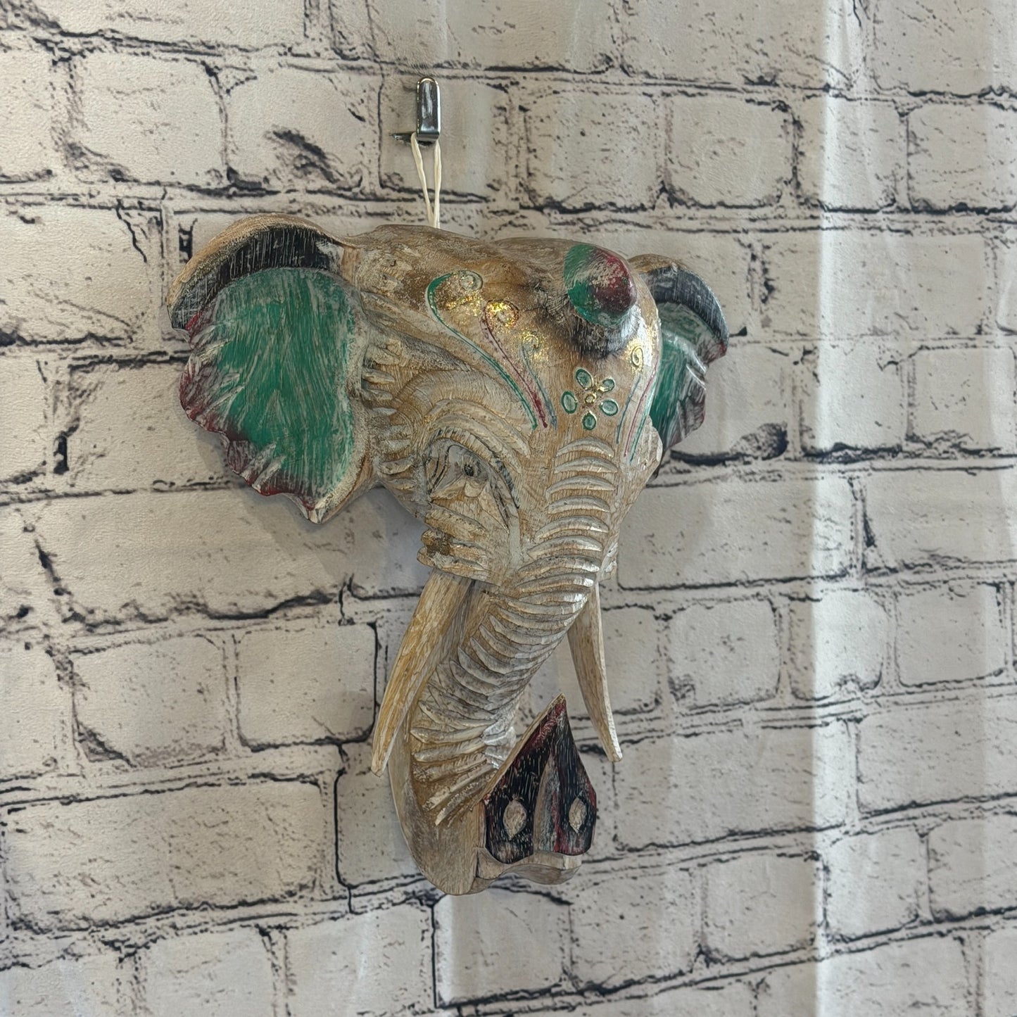 25cm x 25cm Silver Green Painted Wood Elephant Head Wall Mounted Art Shabby0