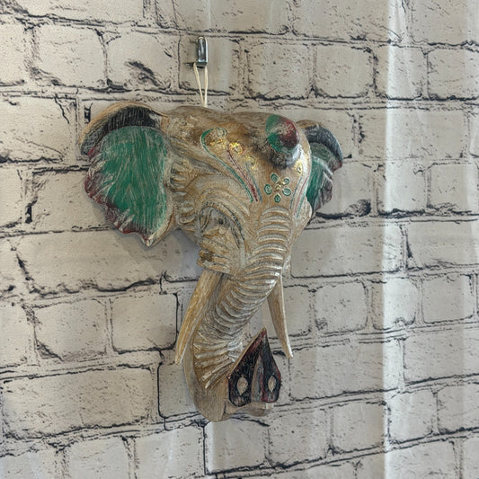 25cm x 25cm Silver Green Painted Wood Elephant Head Wall Mounted Art Shabby0