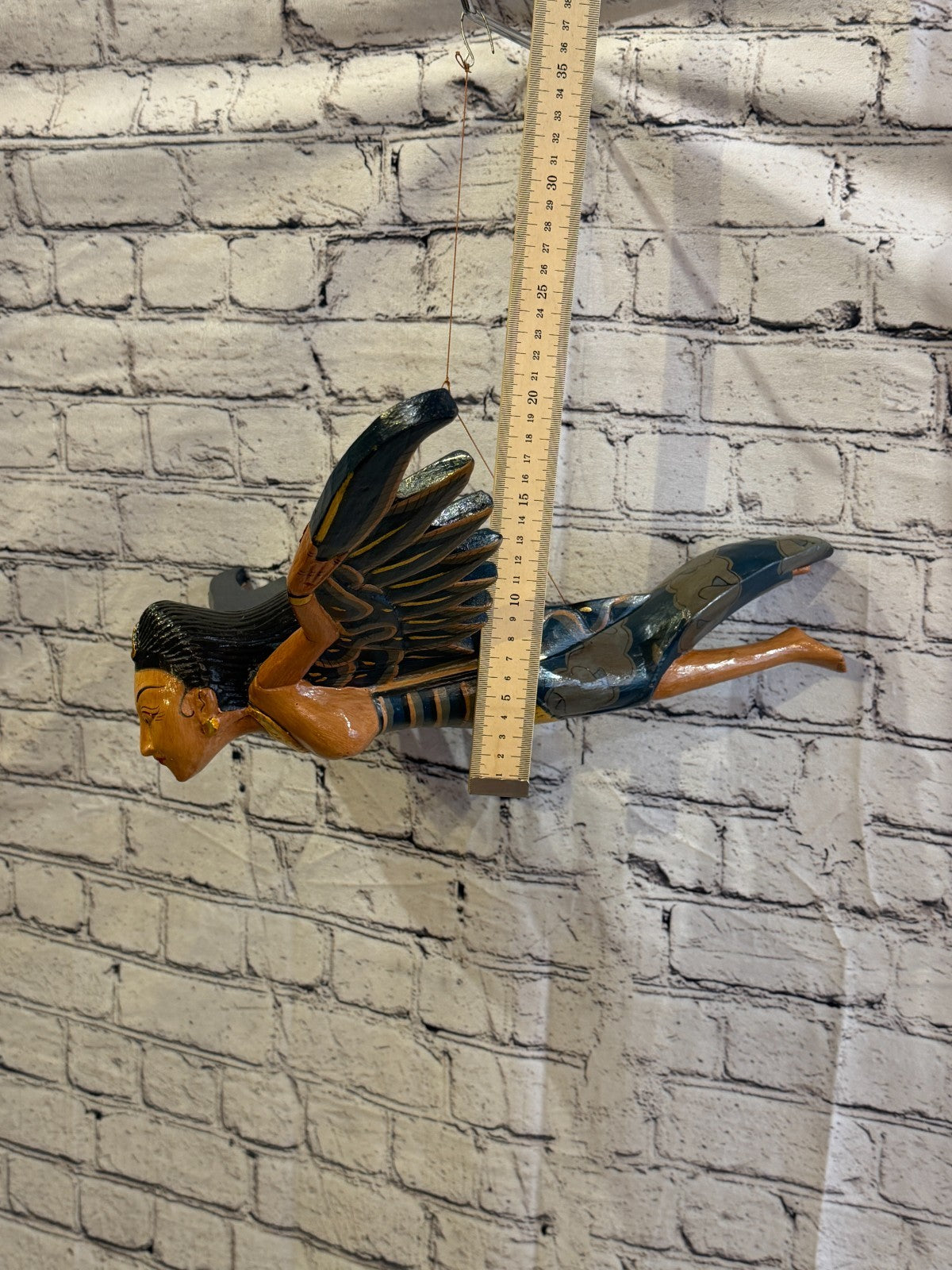 35cm Black Sita Hindu Folk Art Carved Wood Flying Winged Mobile Spirit Guardian3
