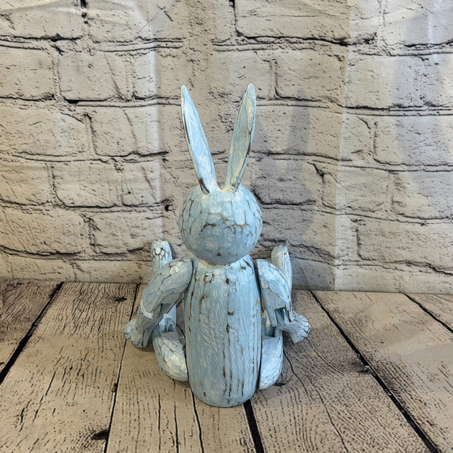 30cm Blue Bunny Rabbit Sitting Animal, Wooden Shelf Ornament Handmade Fairtrade4