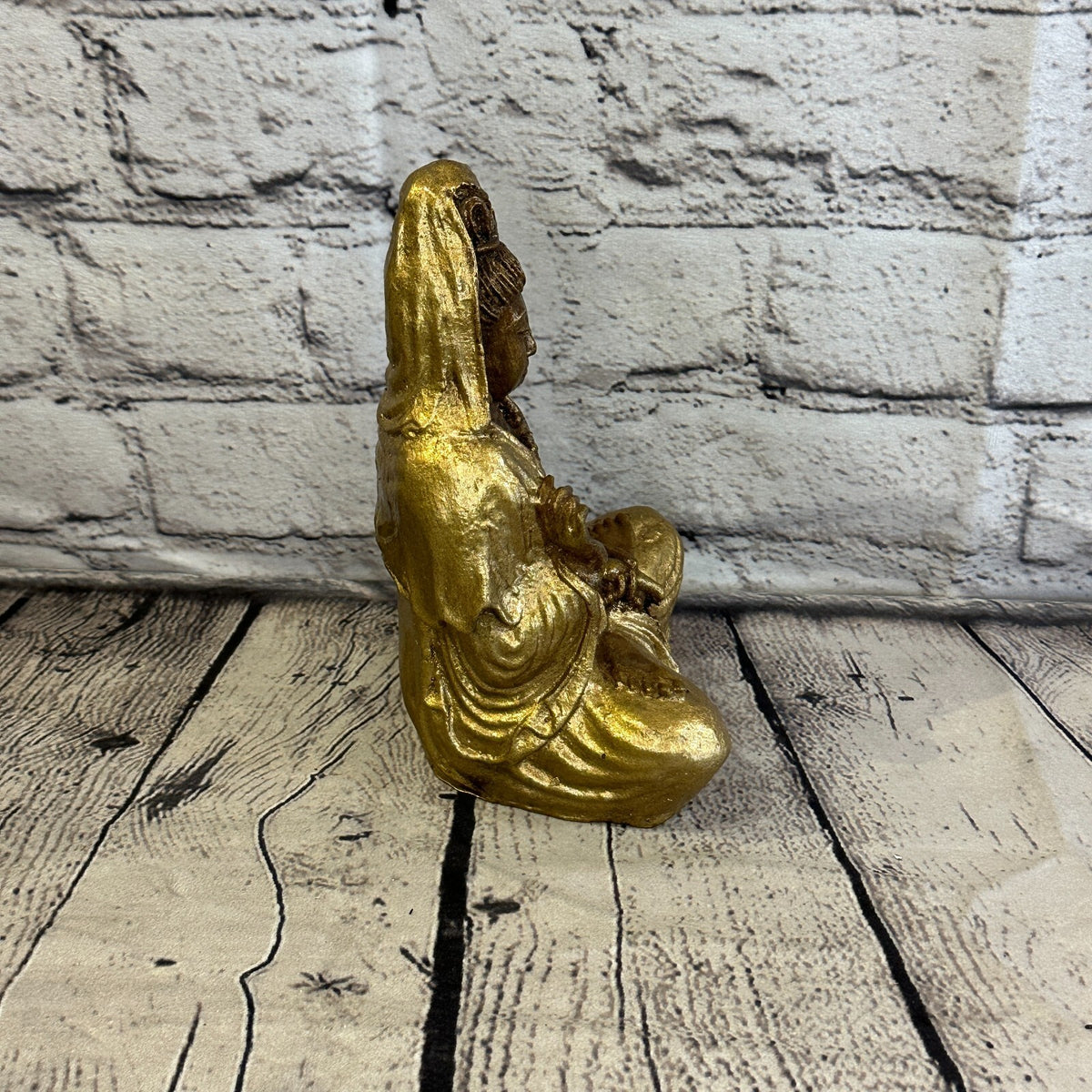 Gold & Bronze 18cm x 10cm Small Quan Yin Sitting Lotus Statue Resin Hindu God3