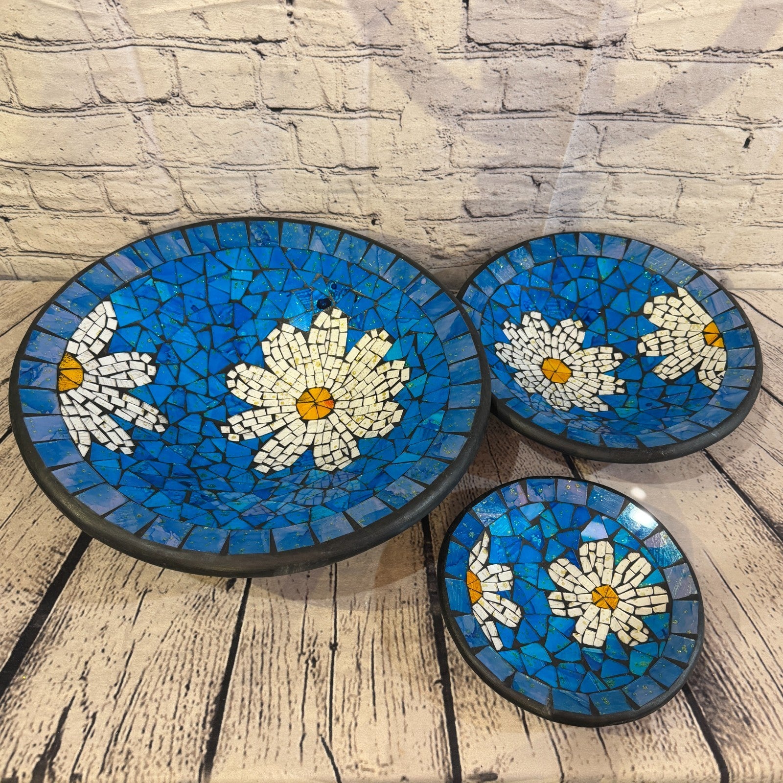20cm Blue Daisy Flower Round Mosaic Handmade Ceramic Glass Tile Bowl Fruit4
