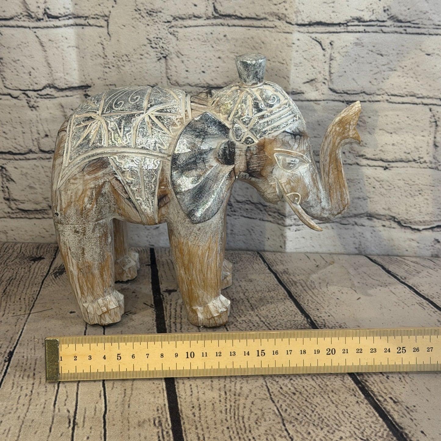 20cm x 20cm Brown Silver Wooden Standing Elephant Hand Carved & Painted7