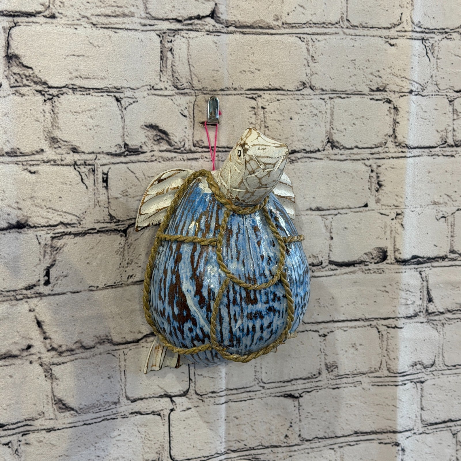 Blue Body White Folk Art Painted Turtle Coconut Shell Ornaments Hanging Decor9