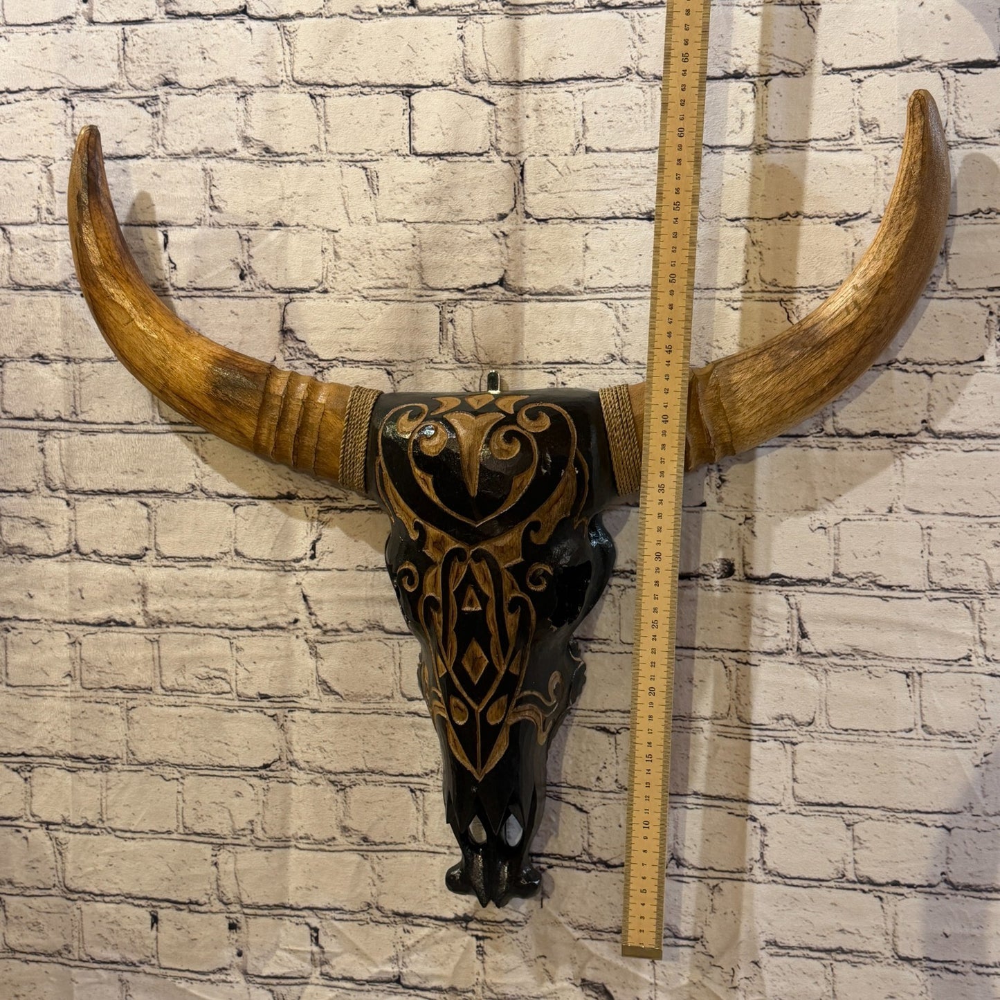 60cm x 60cm Brown Light Painted Wood Cow Skull Head Wall Mounted Art Shabby4