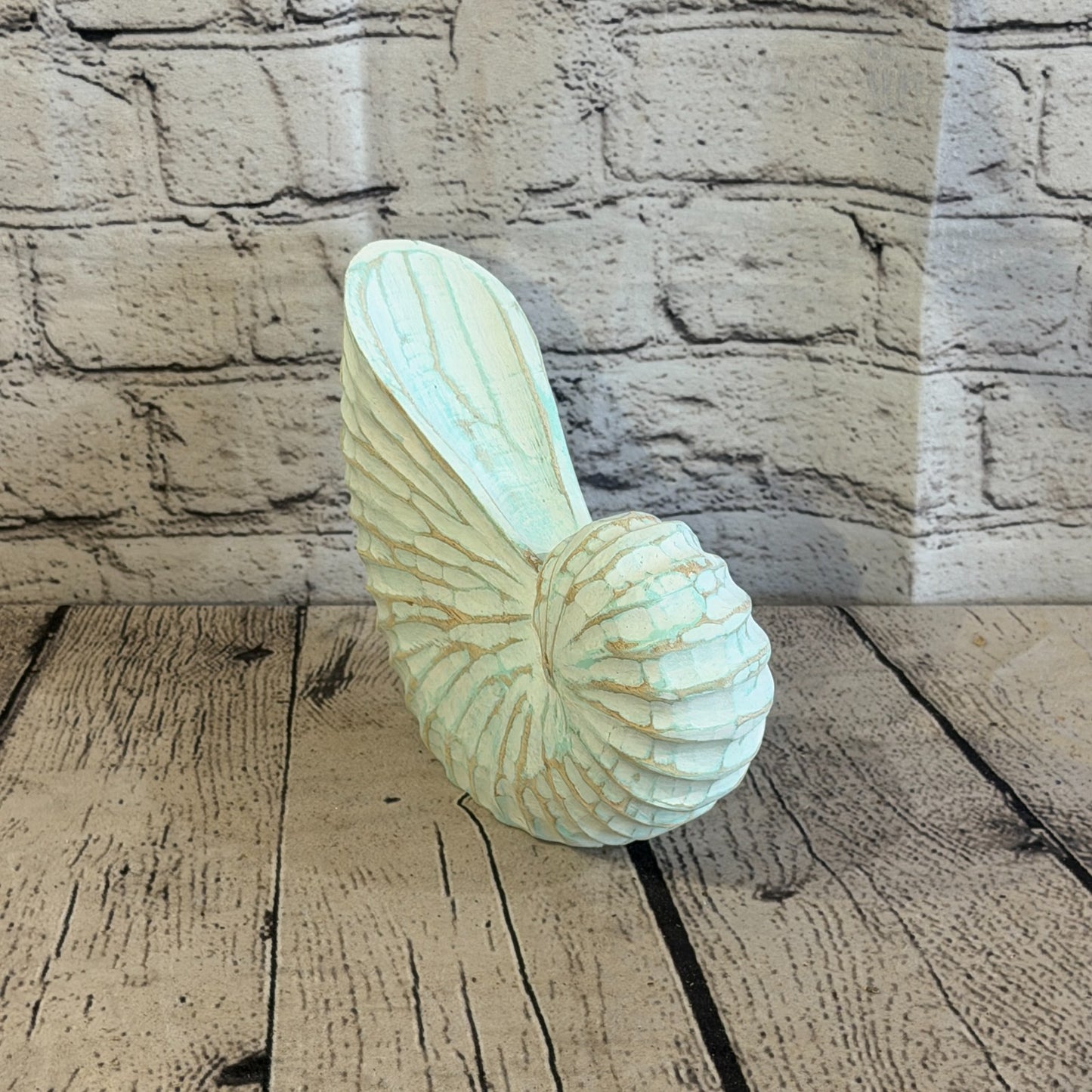 20cm Green Shabby Pastel Nautilus Shell Ornament Decor Carved Light Wood Figure2