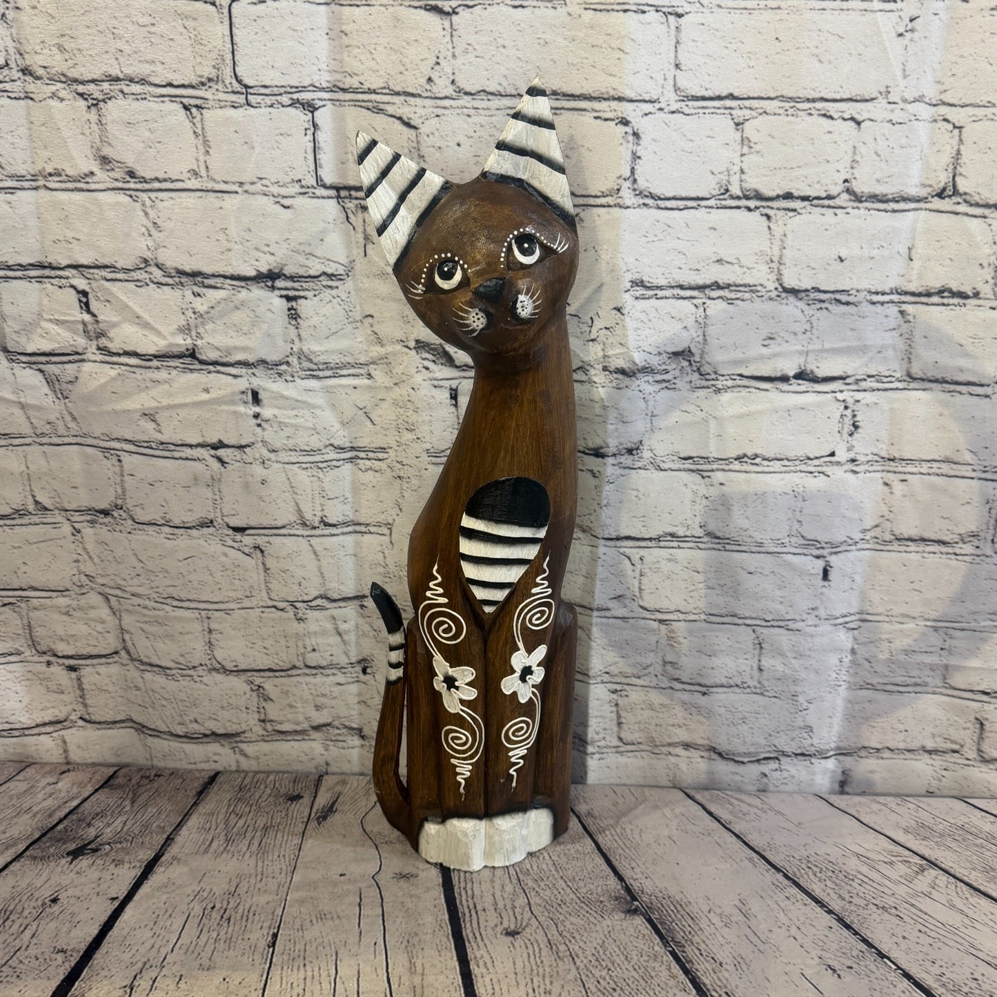 60cm Brown Flower Wooden Shabby Cat Statue Ornament Fair Trade Handcarved0