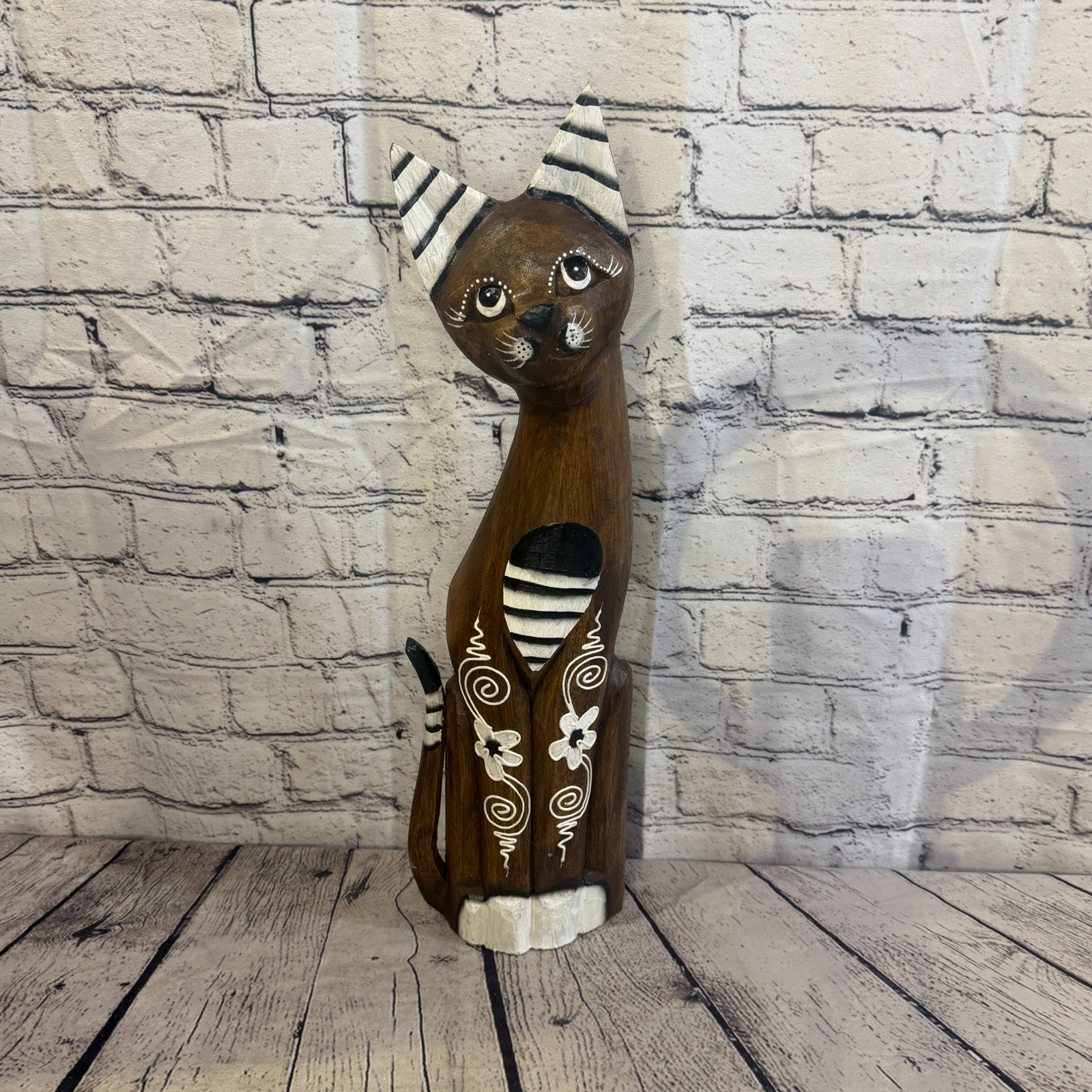 60cm Brown Flower Wooden Shabby Cat Statue Ornament Fair Trade Handcarved0