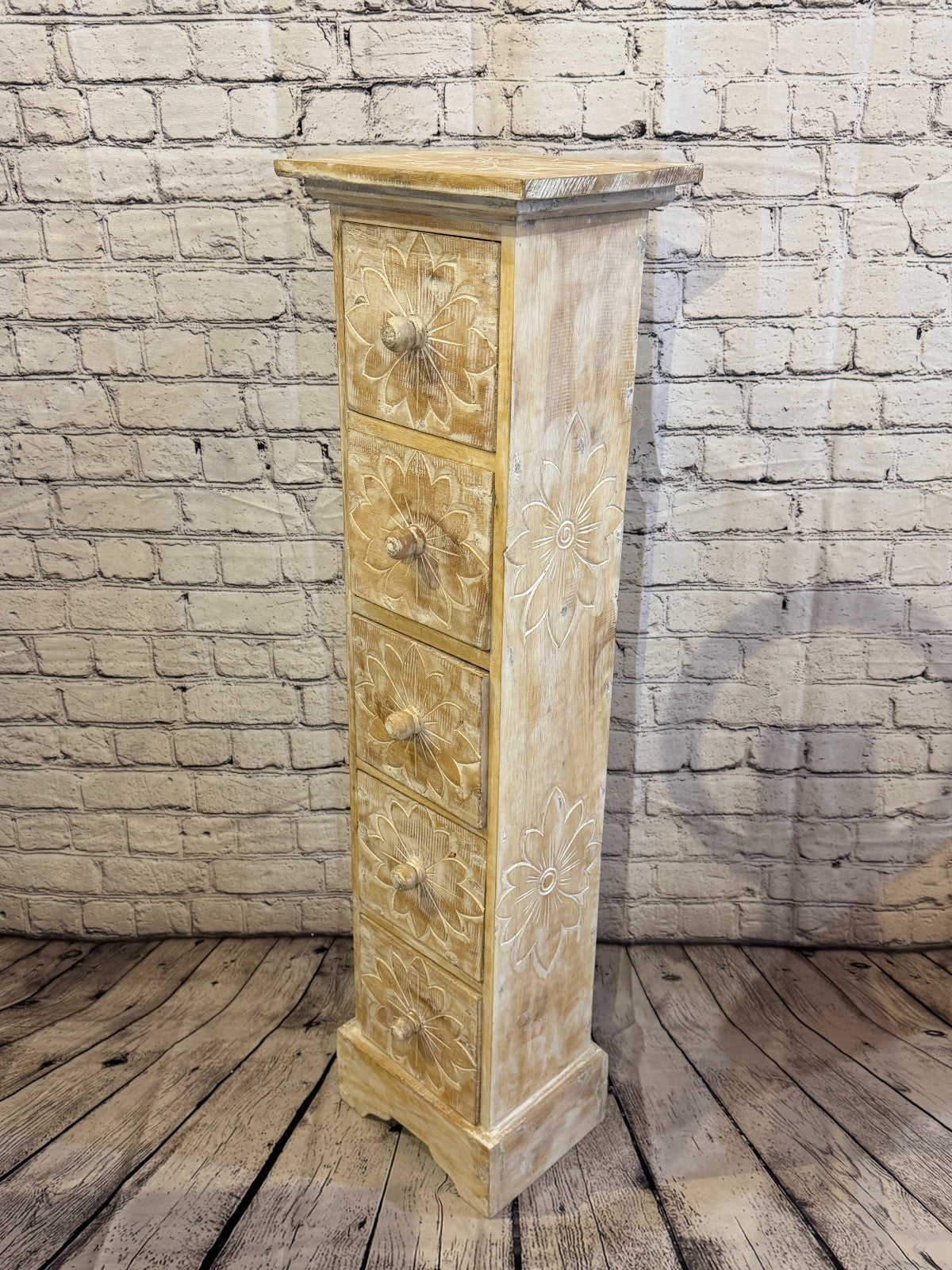 100cm x 25cm White 5 Draw Pillar Wooden Side Cabinet Living Storage Furniture0