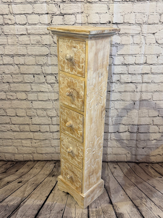 100cm x 25cm White 5 Draw Pillar Wooden Side Cabinet Living Storage Furniture0