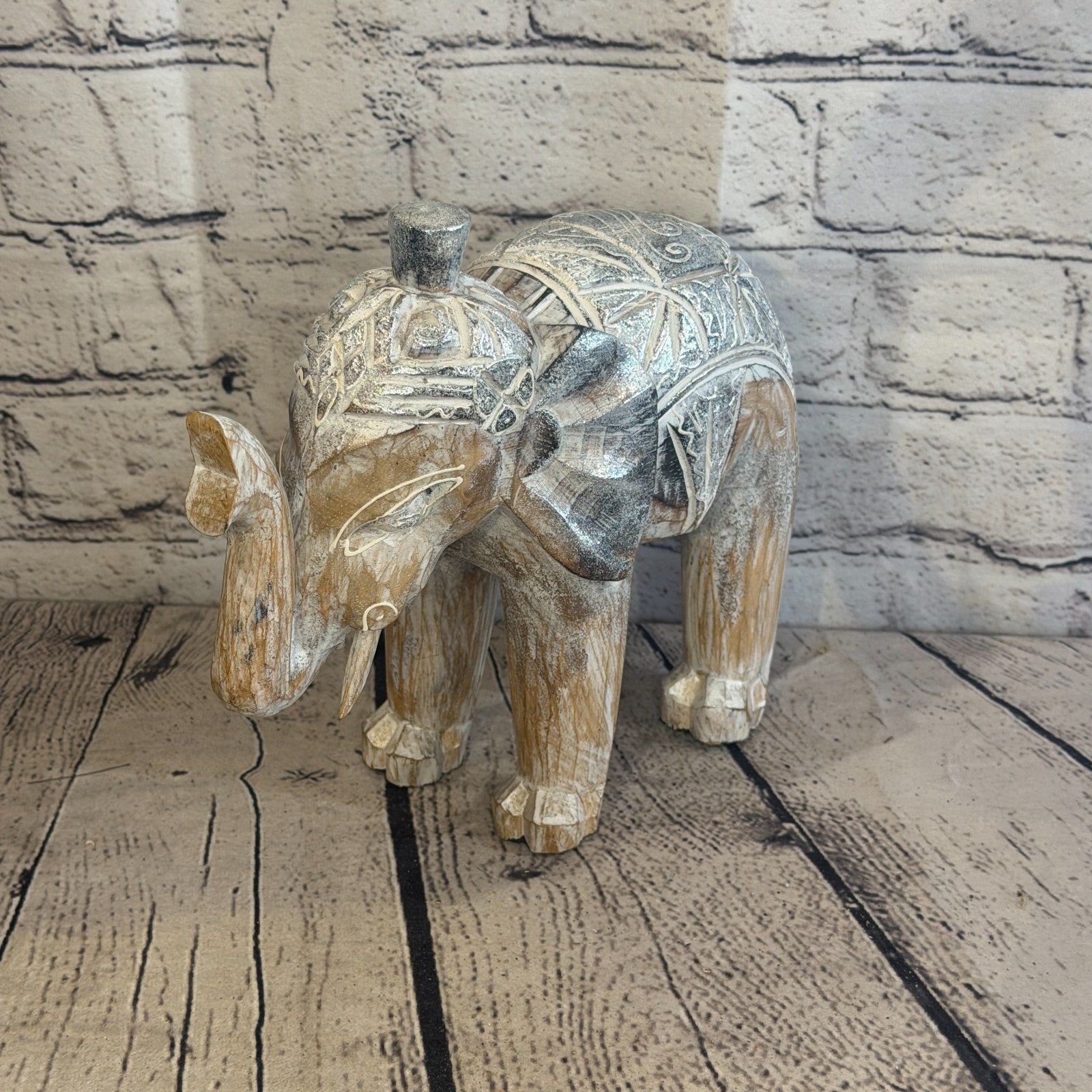 20cm x 20cm Brown Silver Wooden Standing Elephant Hand Carved & Painted0