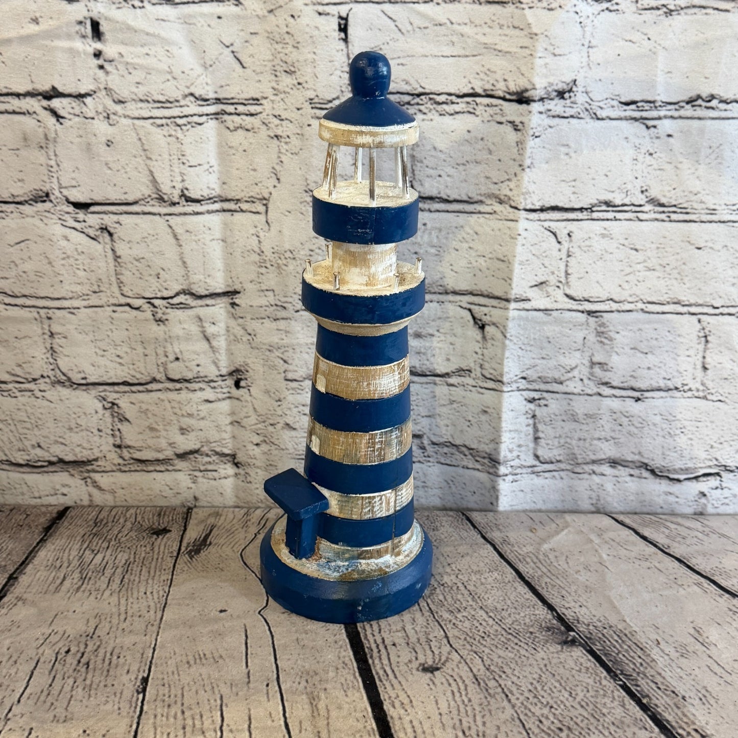 30cm Blue White Wooden Lighthouse Detailed Ornament Nautical Coastal Sculpture0