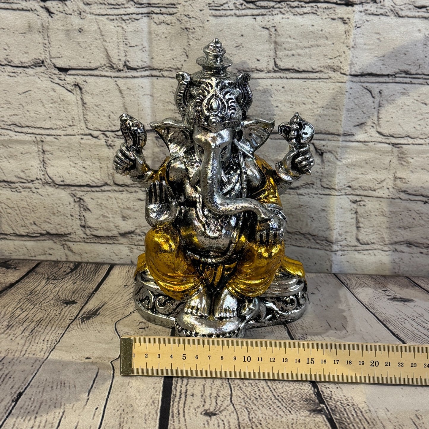 Silver And Gold 25cm Large Ganesh Ganesa Sitting On Lotus Statue Resin Hindu6