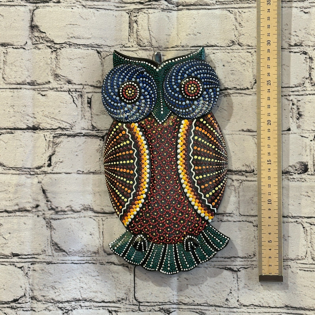 30cm Owl Carved Wooden Dot Painted Ethnic Tribal Tiki Wall Art Handmade No 13