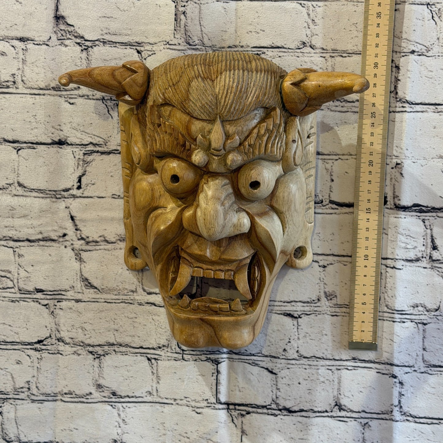 30cm x 25cm Wooden Japan Oni Mask Wall Art Hibiscus Wood Hand Carved Fair Trade4