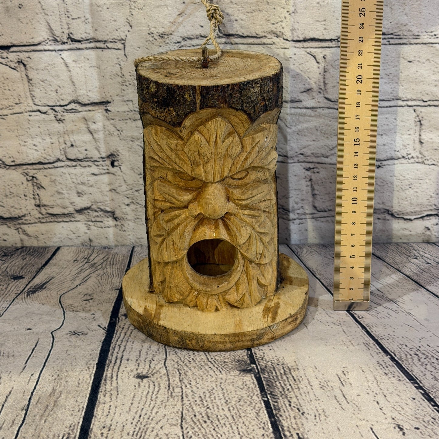 Green Man Of The Woods Bird House 20cm Carved Wizard Tree Trunk Wood Fairtrade5