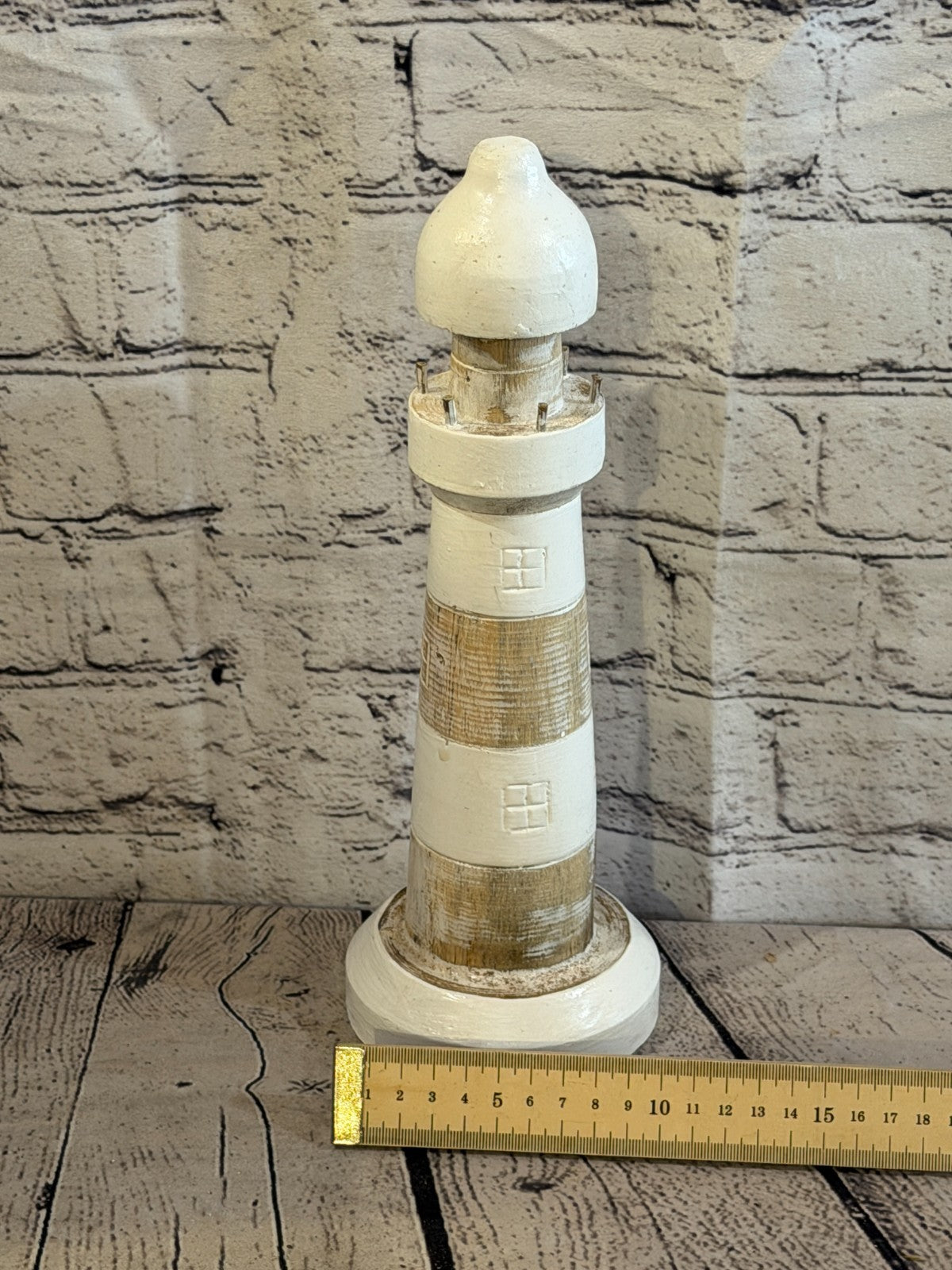 30cm Cream White Wooden Lighthouse Ornament Nautical Coastal Sculpture Statue4
