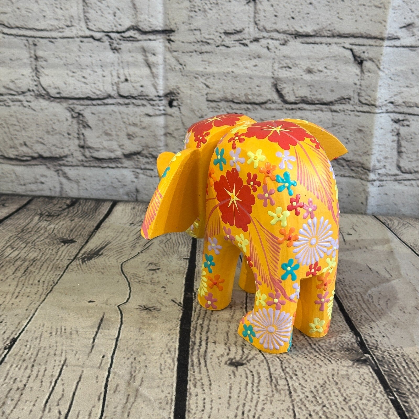 Orange Wooden Elephant With Flower Pattern 15cm x 18cm Handmade and Fairtrade4