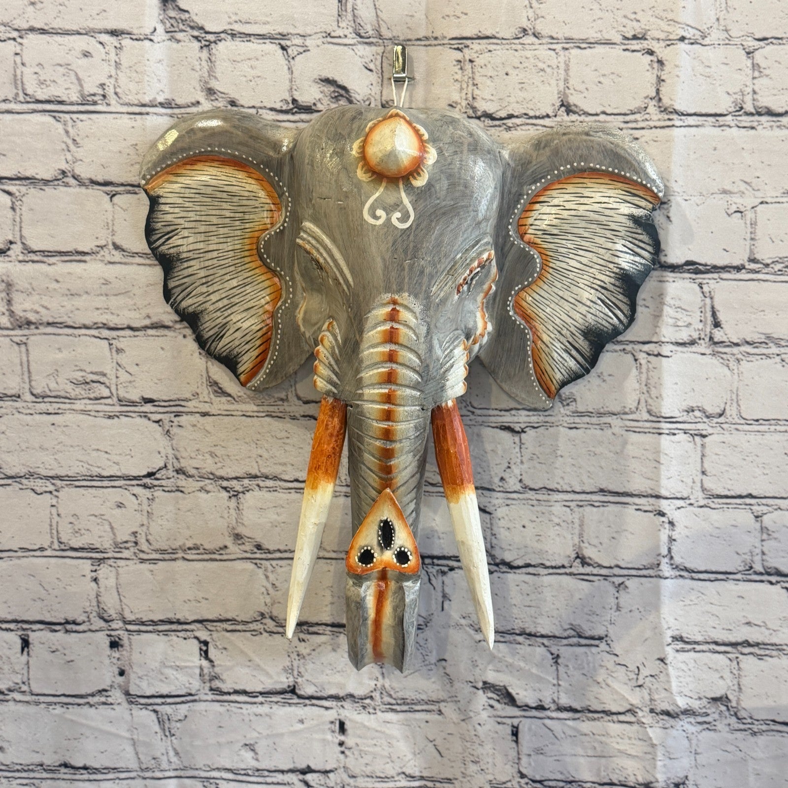 40cm x 35cm Grey Light Painted Wood Elephant Head Wall Mounted Art Shabby2