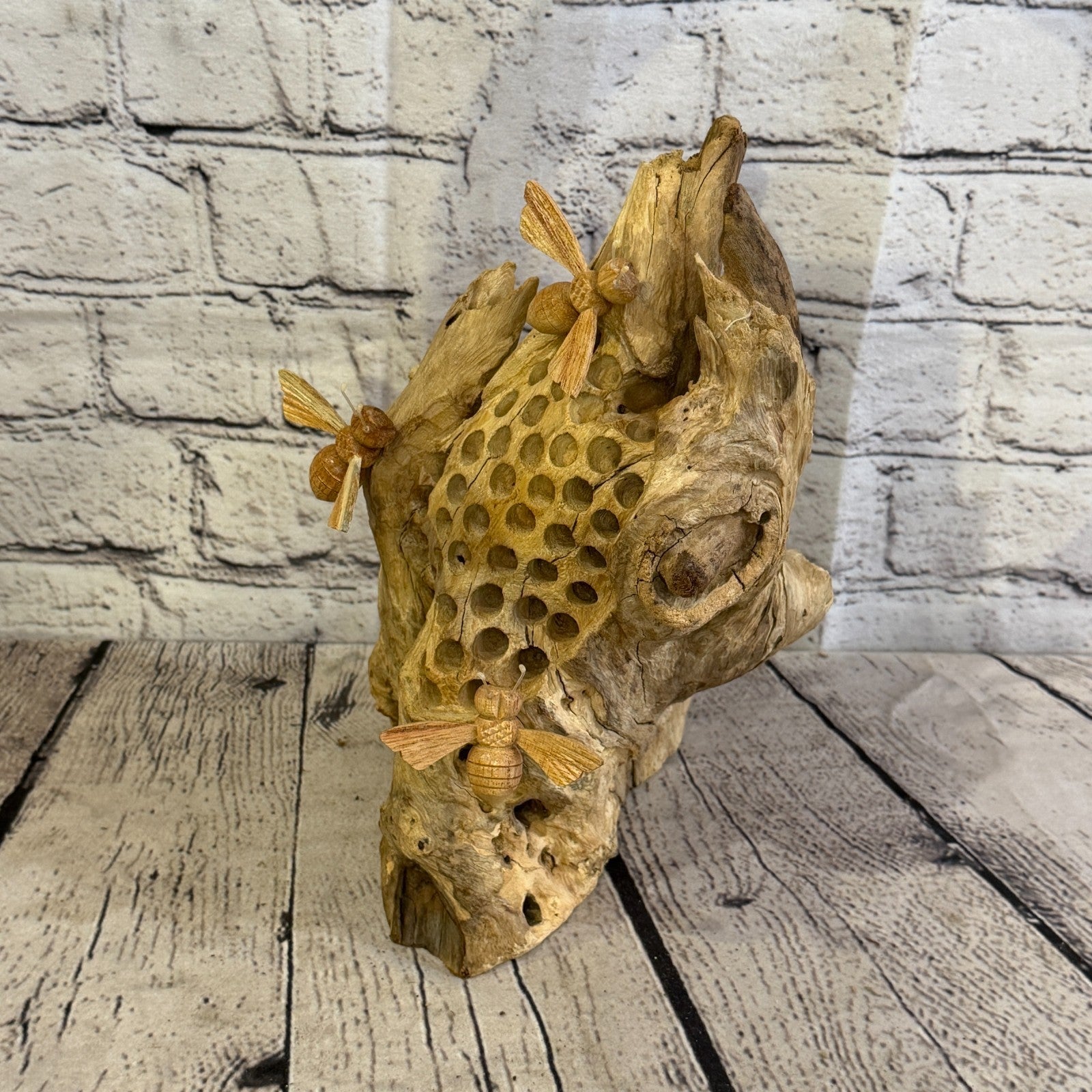 25cm Bees Honeycomb Mushroom Parasite Bee Wood Ornament Natural Carving Wooden1
